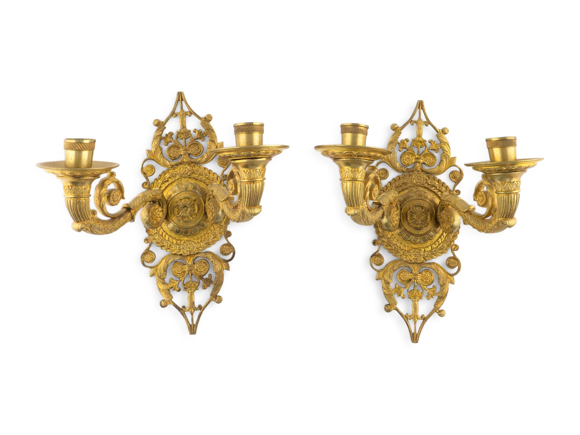 A Pair of Empire Gilt Bronze Two-Light Sconces