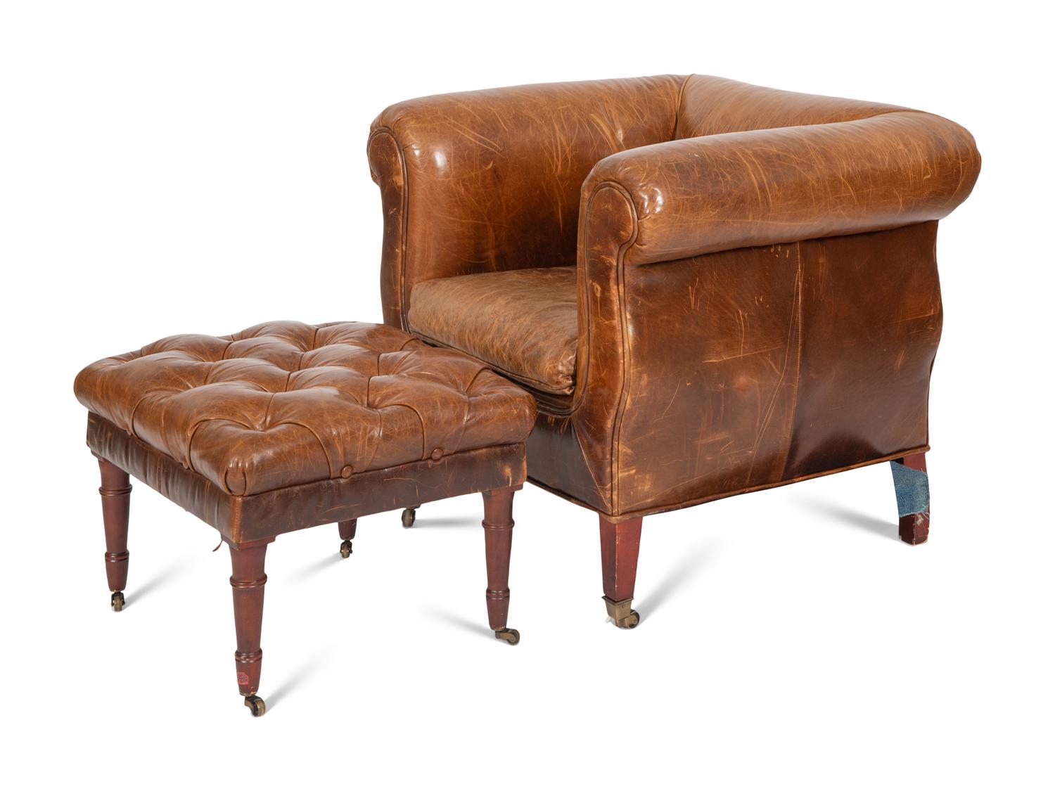 A Vanguard Furniture Leather Lounge Chair and Button Tufted Ottoman