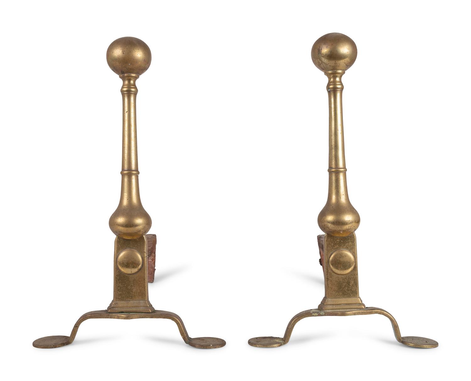A Pair of Queen Anne Brass and Wrought-Iron Wafer Foot Andirons