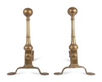 A Pair of Queen Anne Brass and Wrought-Iron Wafer Foot Andirons