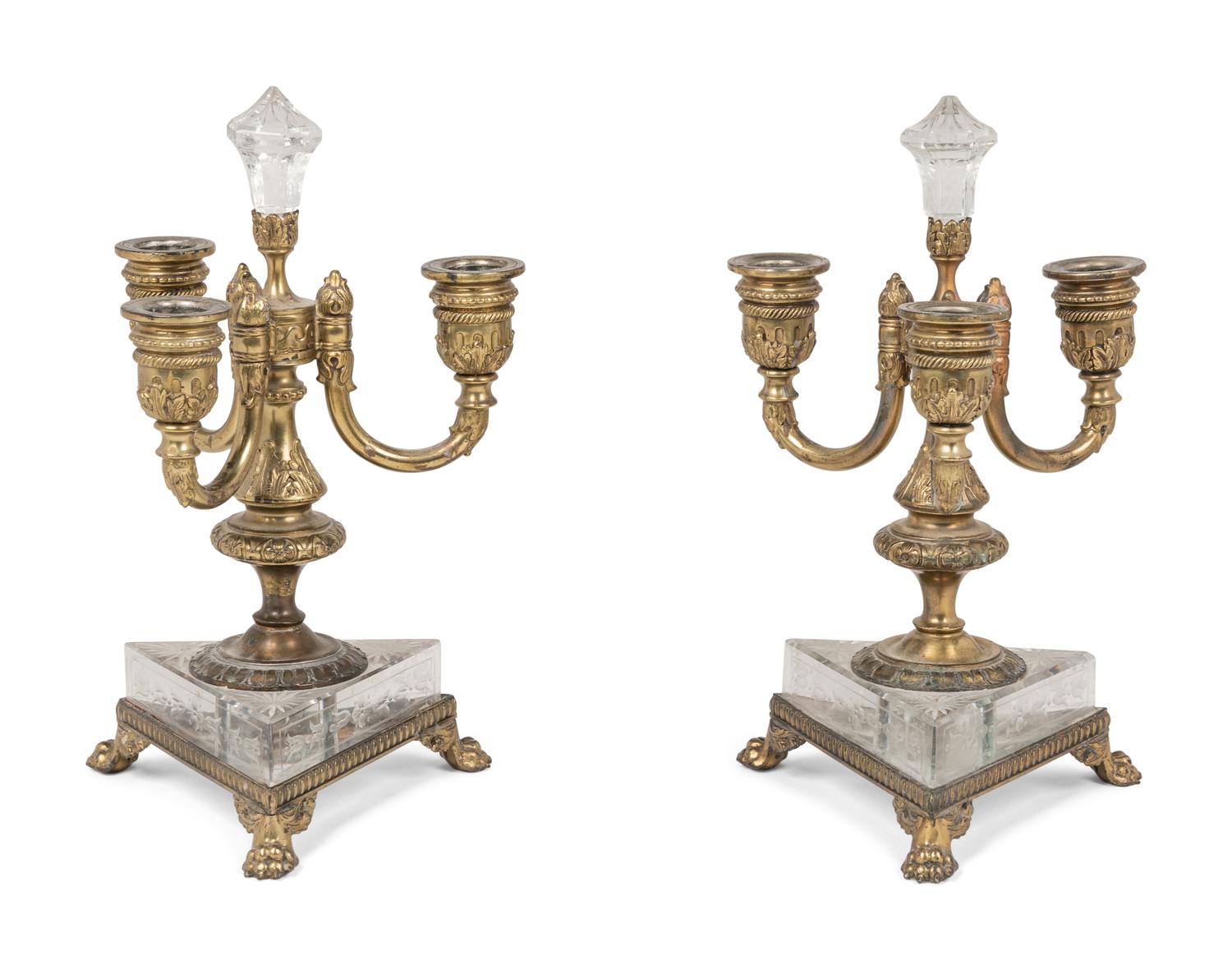 A Pair of Pairpoint Gilt Metal Mounted Etched Glass Three-Light Candelabra