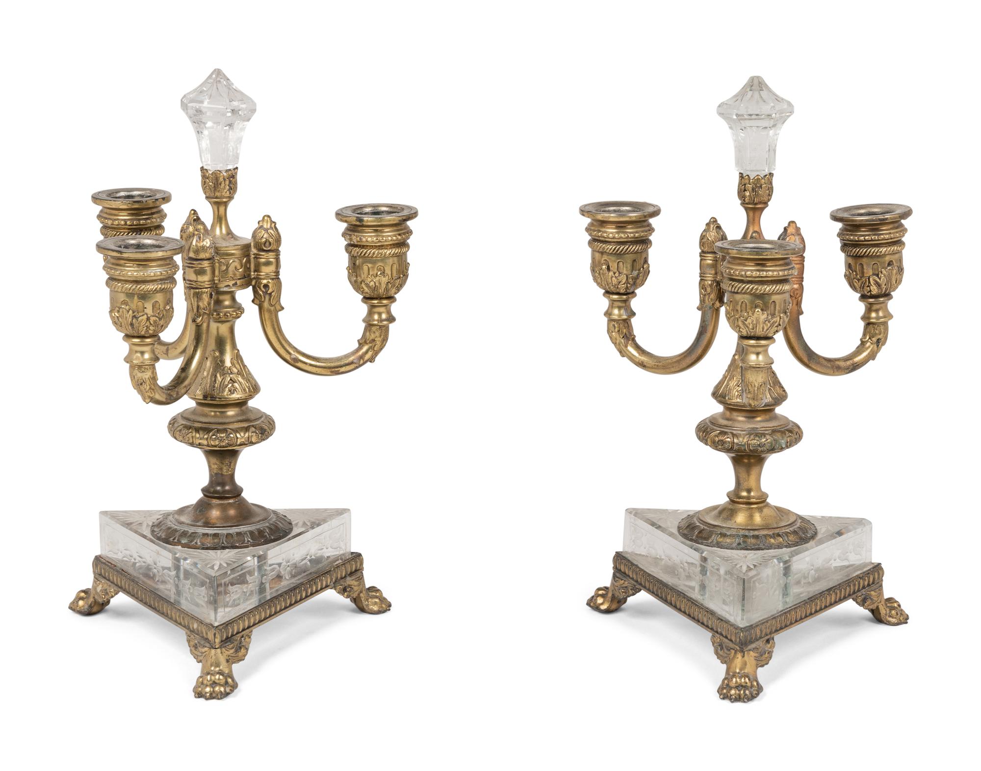 A Pair of Pairpoint Gilt Metal Mounted Etched Glass Three-Light Candelabra