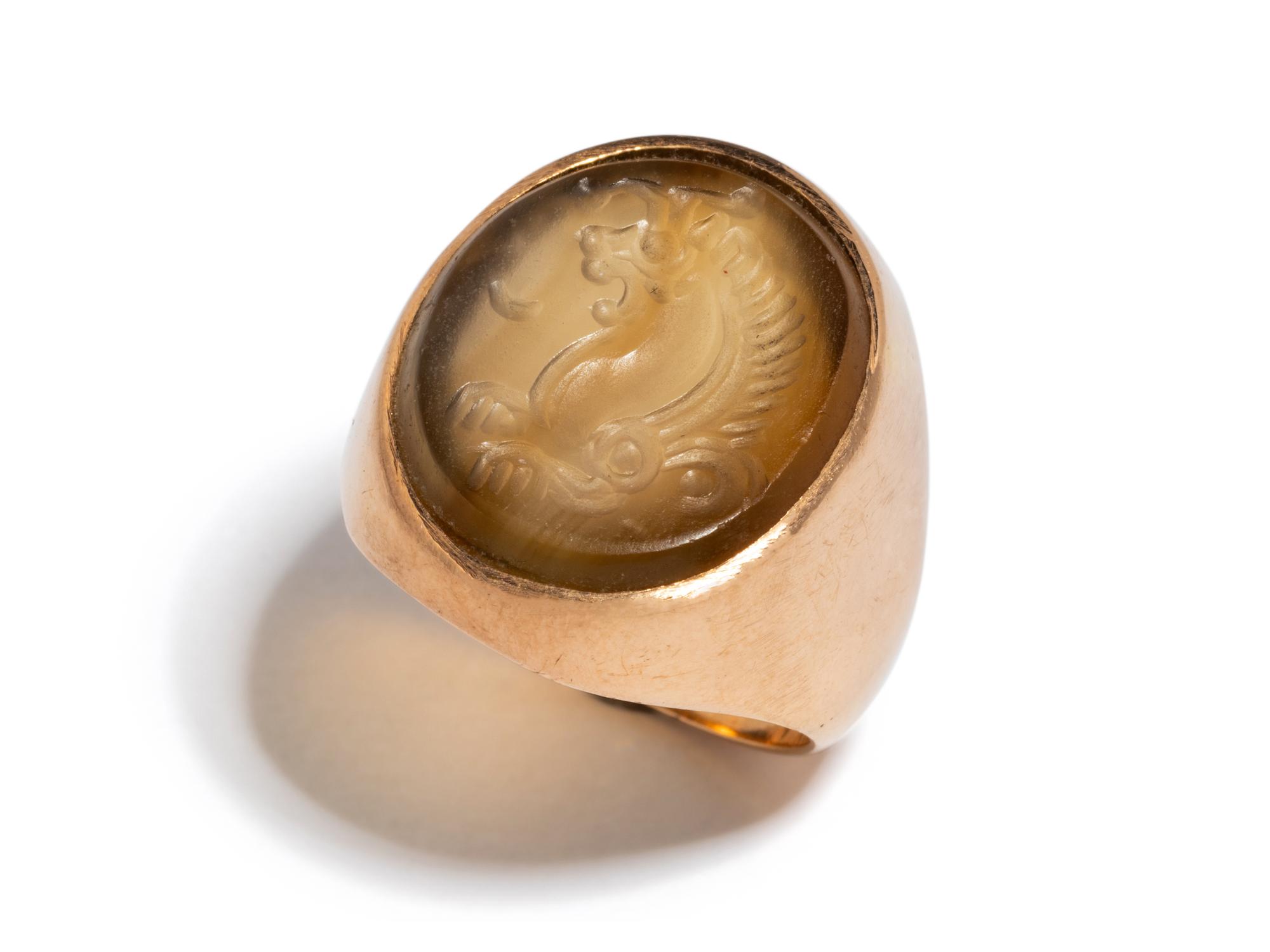 A Sasanian Agate Ring Stone with a Griffin — Set in a copper ring