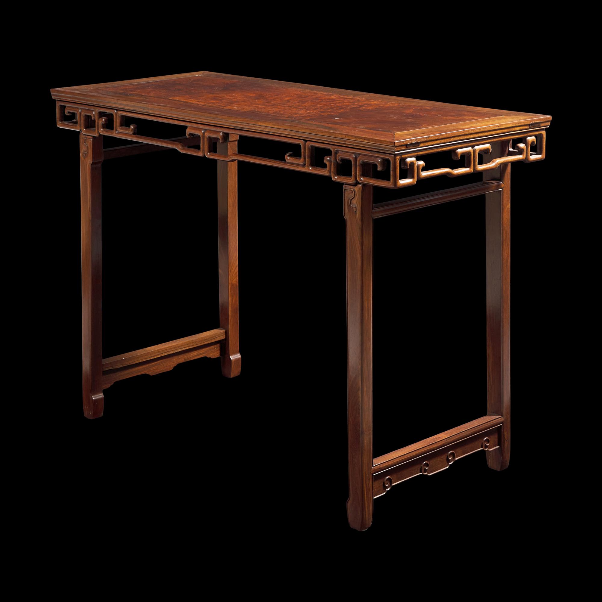 A Chinese Hardwood and Huamu Side Table, Bianzhuo , 20th Century 二十世紀 樺木及硬木拐子龍紋邊桌