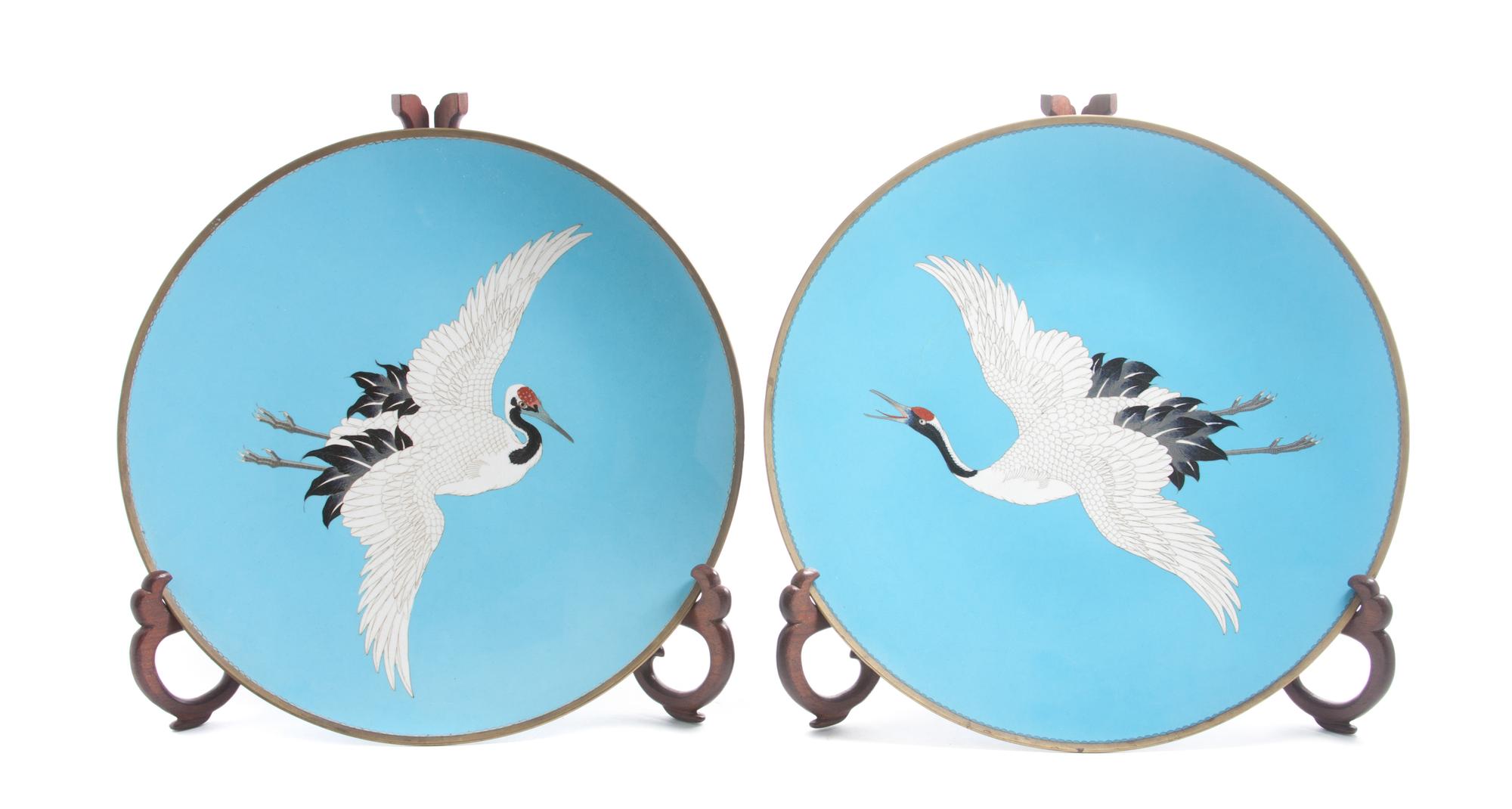 A Pair of Japanese Cloisonne Enamel Chargers Diameter 15 1/2 inches.