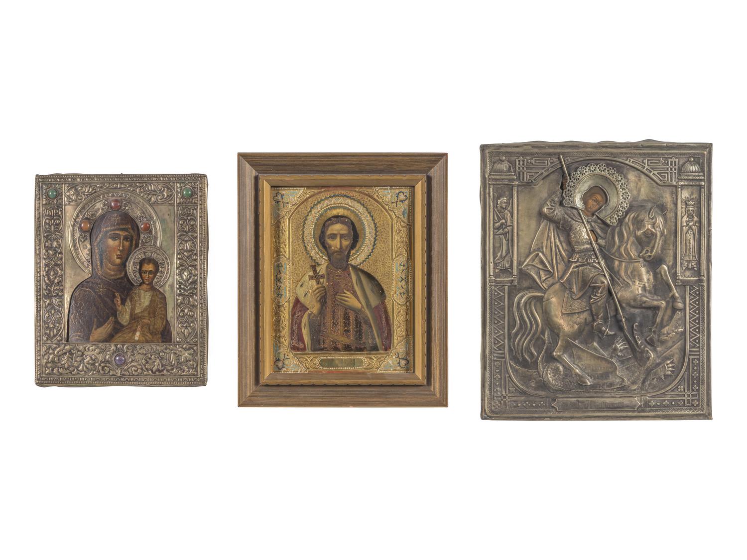 Two Russian Silver Oklad Icons and a Silvered Plaque