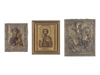 Two Russian Silver Oklad Icons and a Silvered Plaque