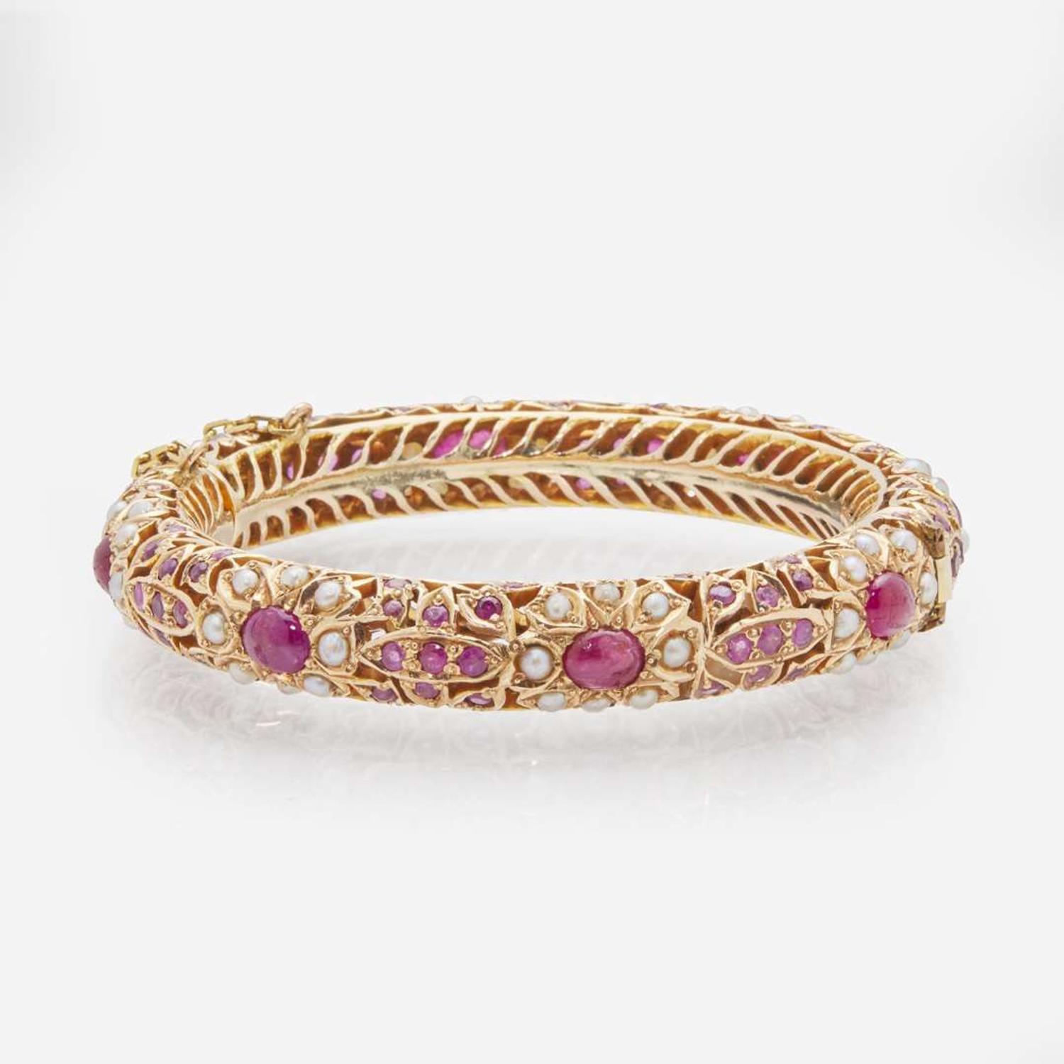 A 14K Yellow Gold, Pearl, and Ruby Bracelet