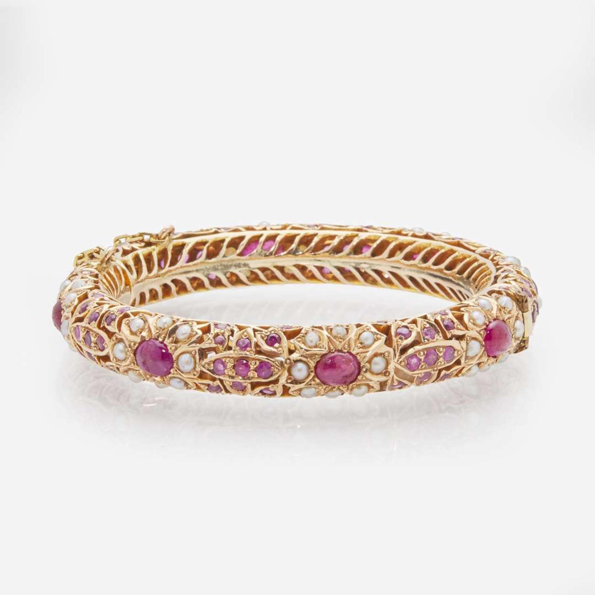 A 14K Yellow Gold, Pearl, and Ruby Bracelet
