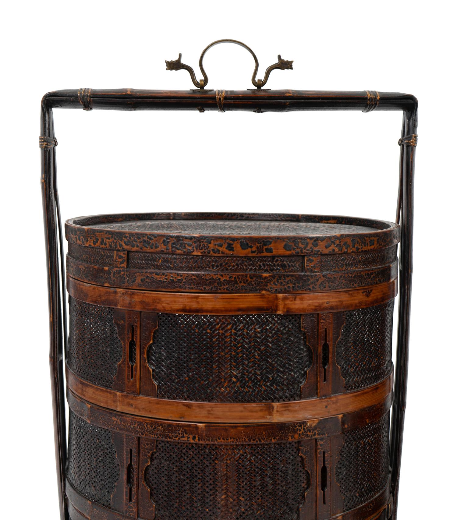 A Pair of Chinese Bamboo Picnic Baskets and Two Lacquer Low Tables — 20TH CENTURY