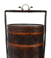 A Pair of Chinese Bamboo Picnic Baskets and Two Lacquer Low Tables — 20TH CENTURY