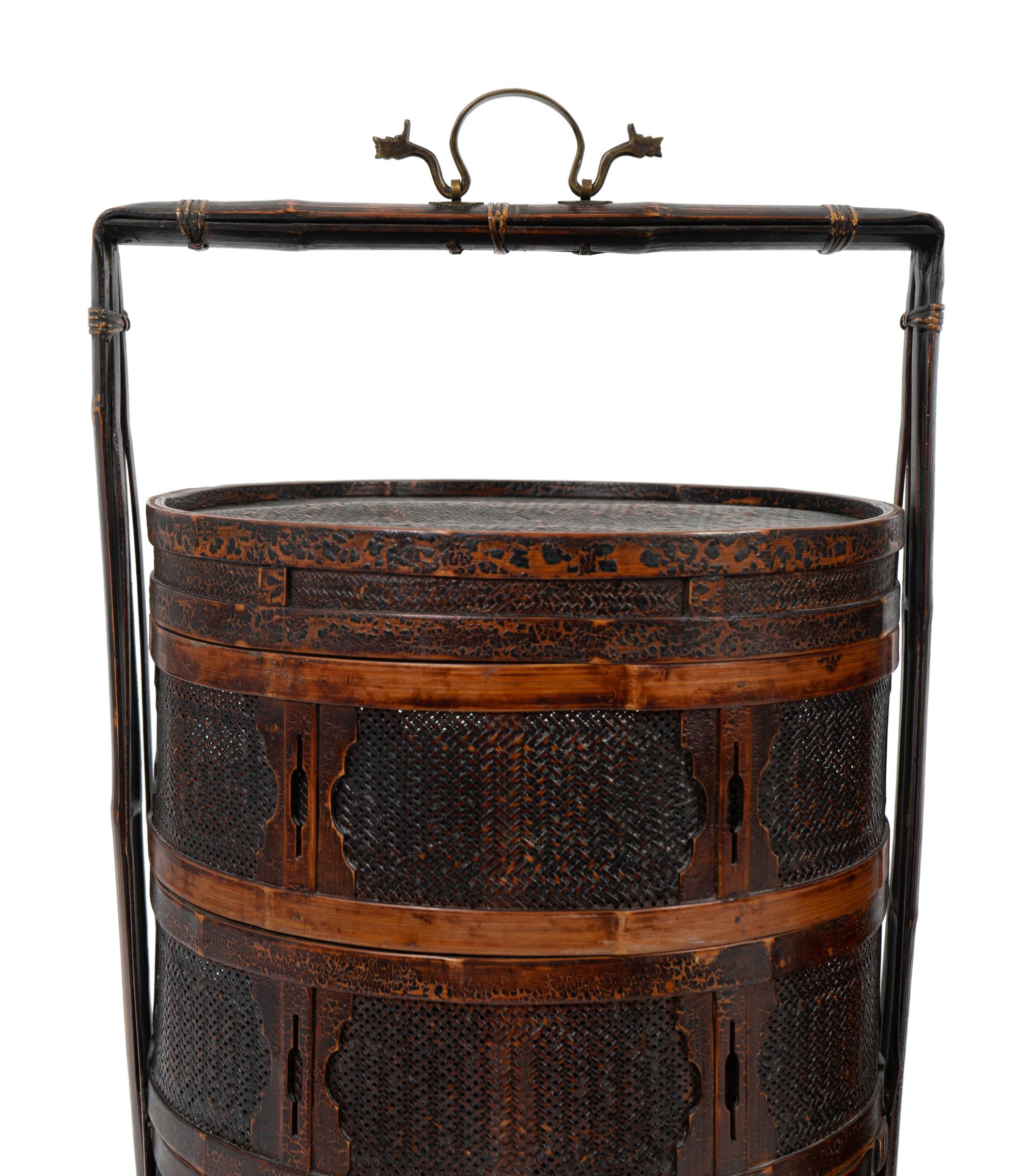 A Pair of Chinese Bamboo Picnic Baskets and Two Lacquer Low Tables — 20TH CENTURY