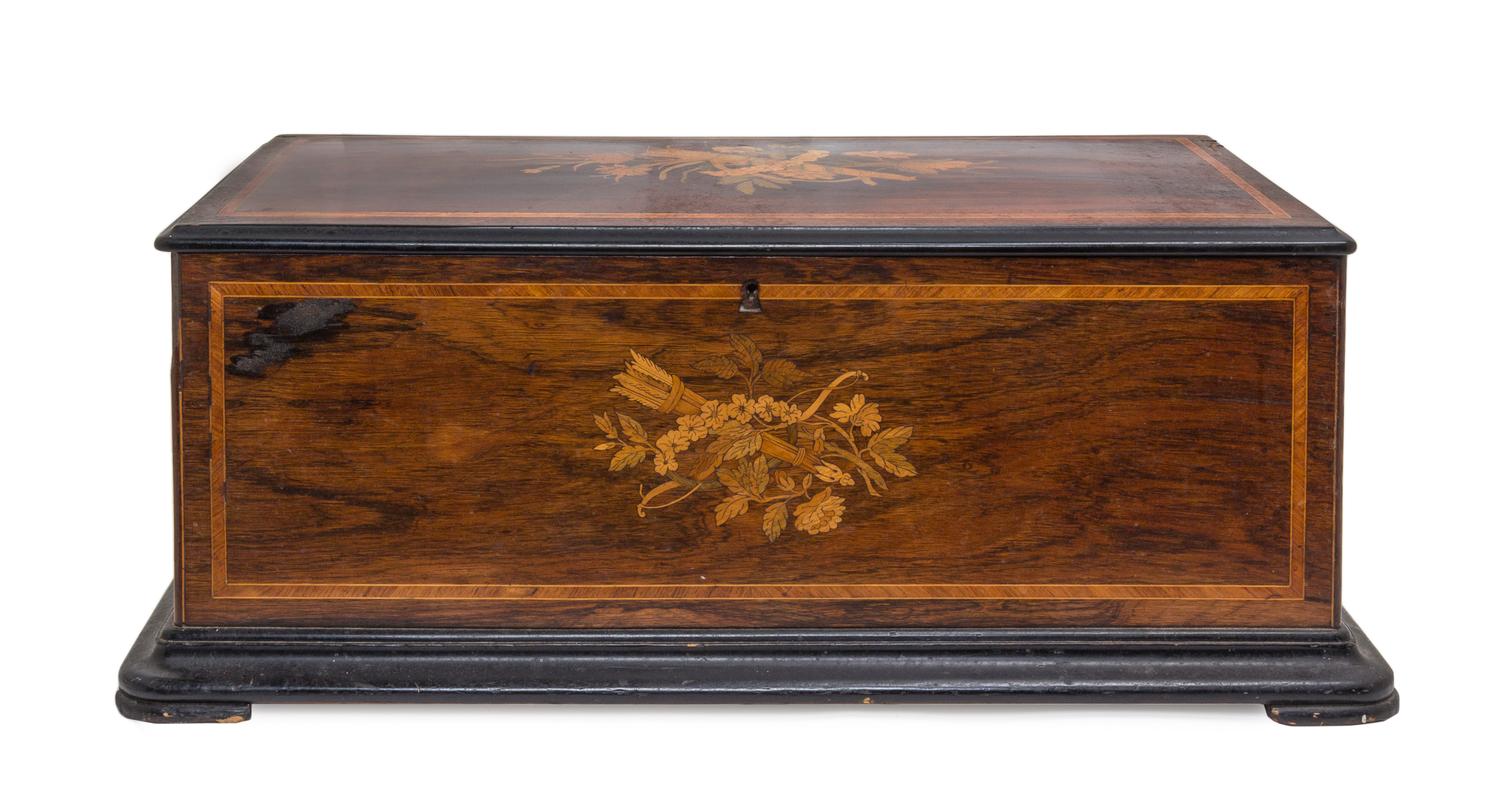 A Swiss Marquetry Orchestral Music Box, NICOLE FRERES, Height 12 x width 31 1/2 x depth 18 inches. — NICOLE FRERES,