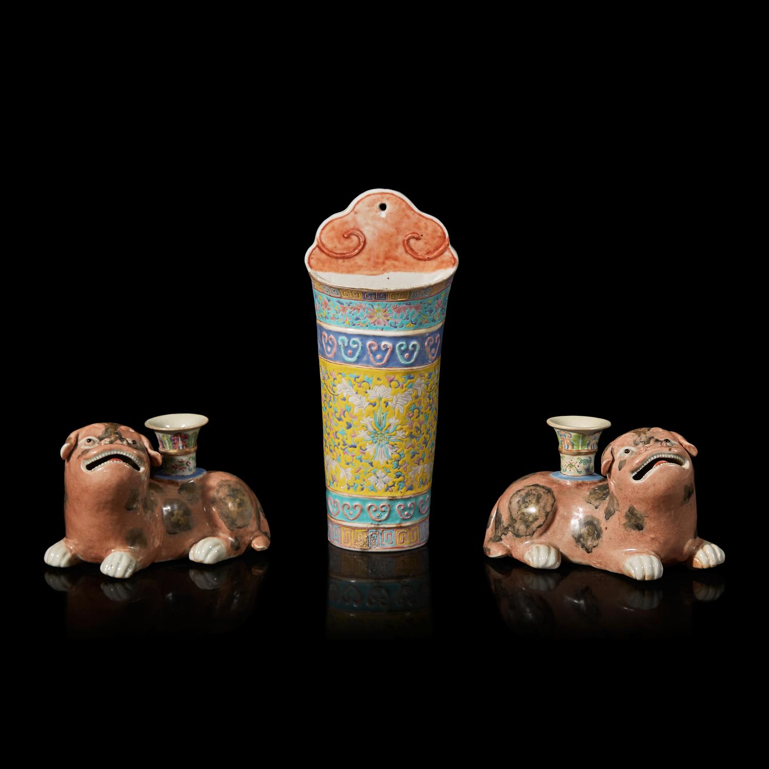 A Pair of Chinese Export Lion-Form Candlesticks and A Wall Vase 粉彩壁瓶一件及獅形燭臺一對