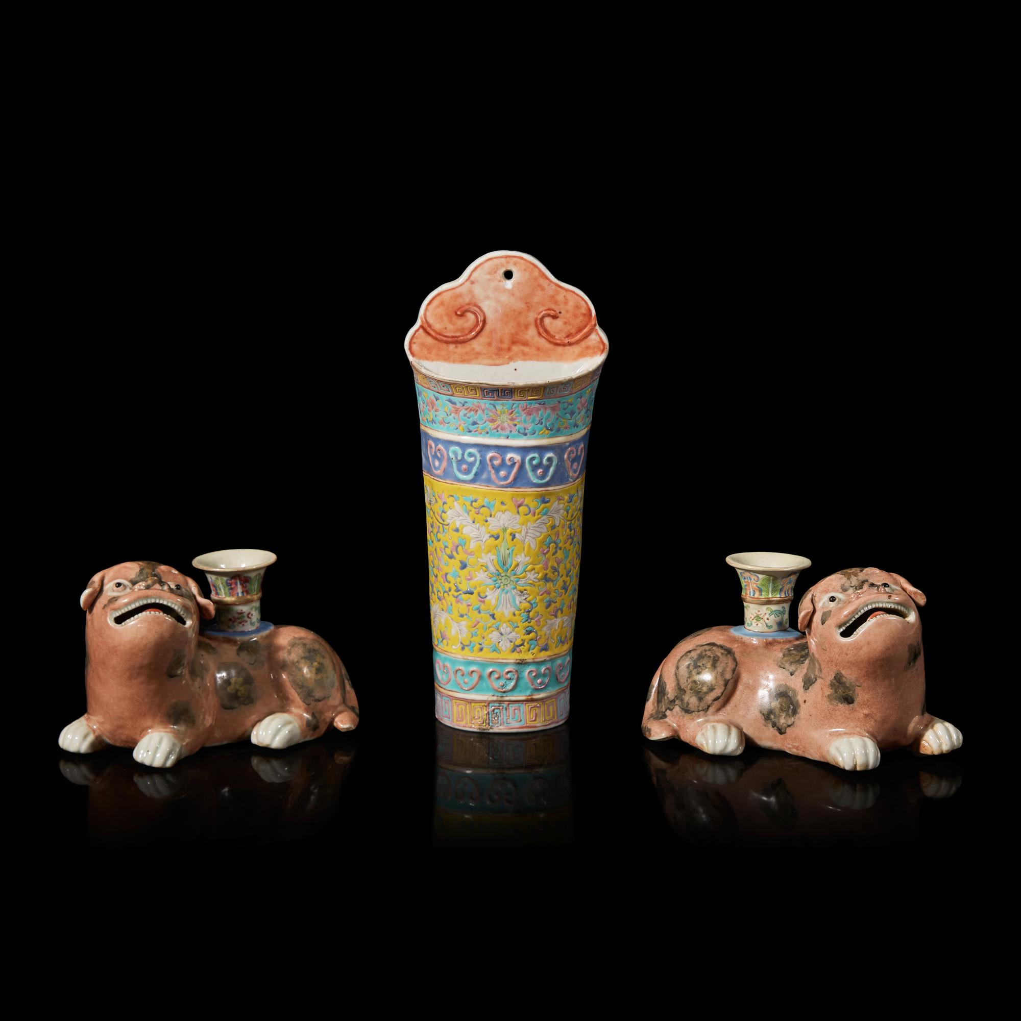 A Pair of Chinese Export Lion-Form Candlesticks and A Wall Vase 粉彩壁瓶一件及獅形燭臺一對