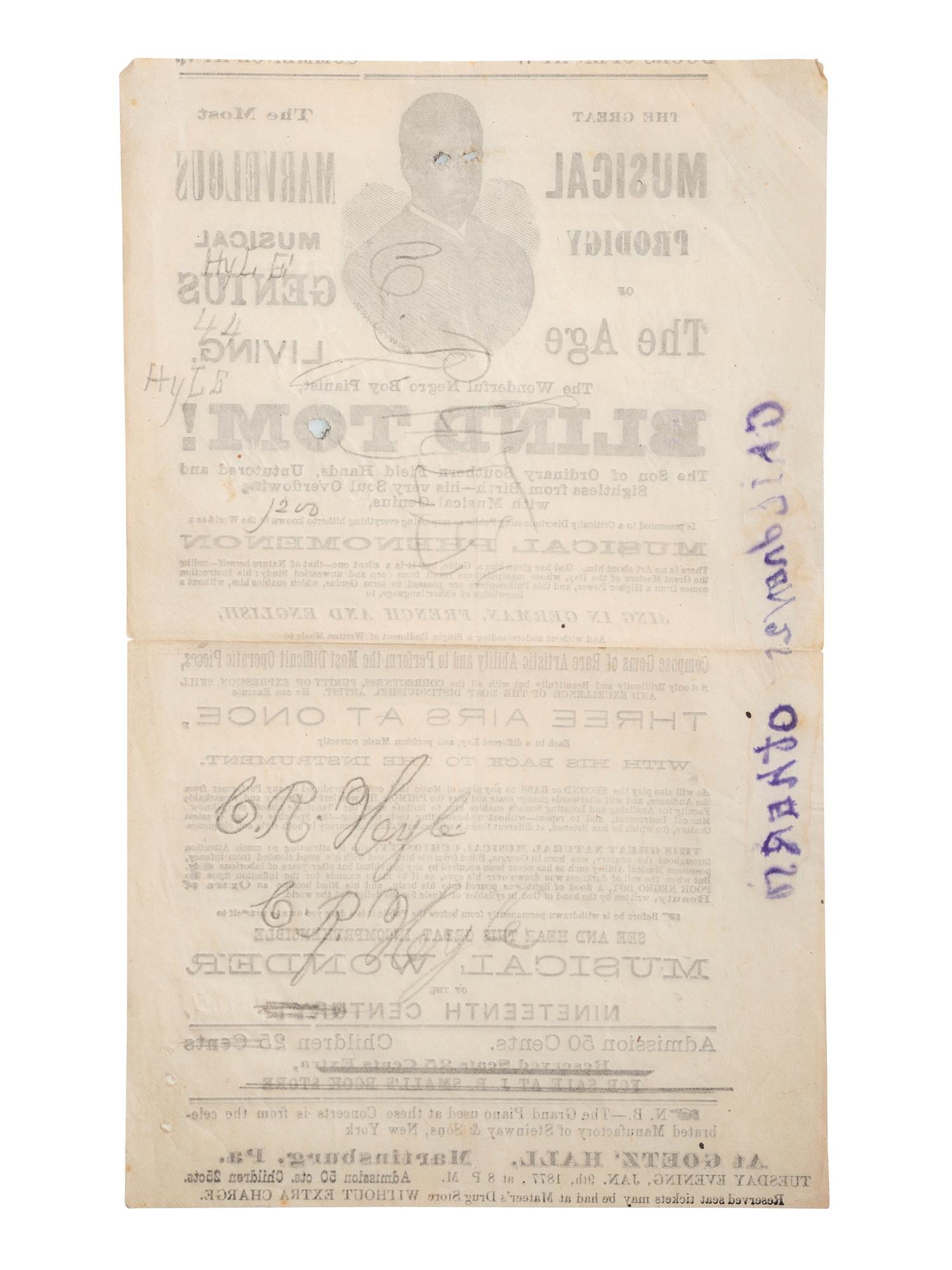 [MUSIC] -- [WIGGINS, Thomas Greene "Blind Tom" (1849-1908)]. Concert handbill. Martinsburg, Pennsylvania, 1877.