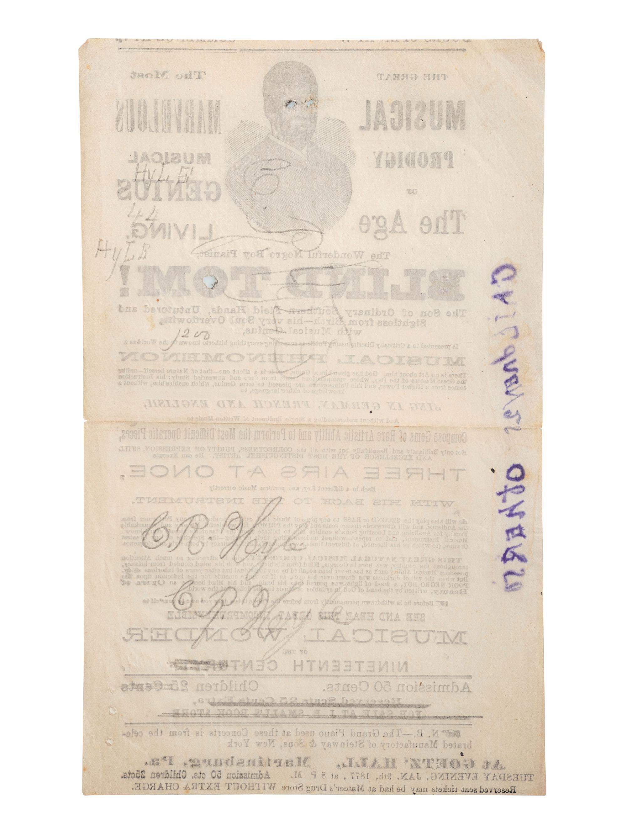 [MUSIC] -- [WIGGINS, Thomas Greene "Blind Tom" (1849-1908)]. Concert handbill. Martinsburg, Pennsylvania, 1877.