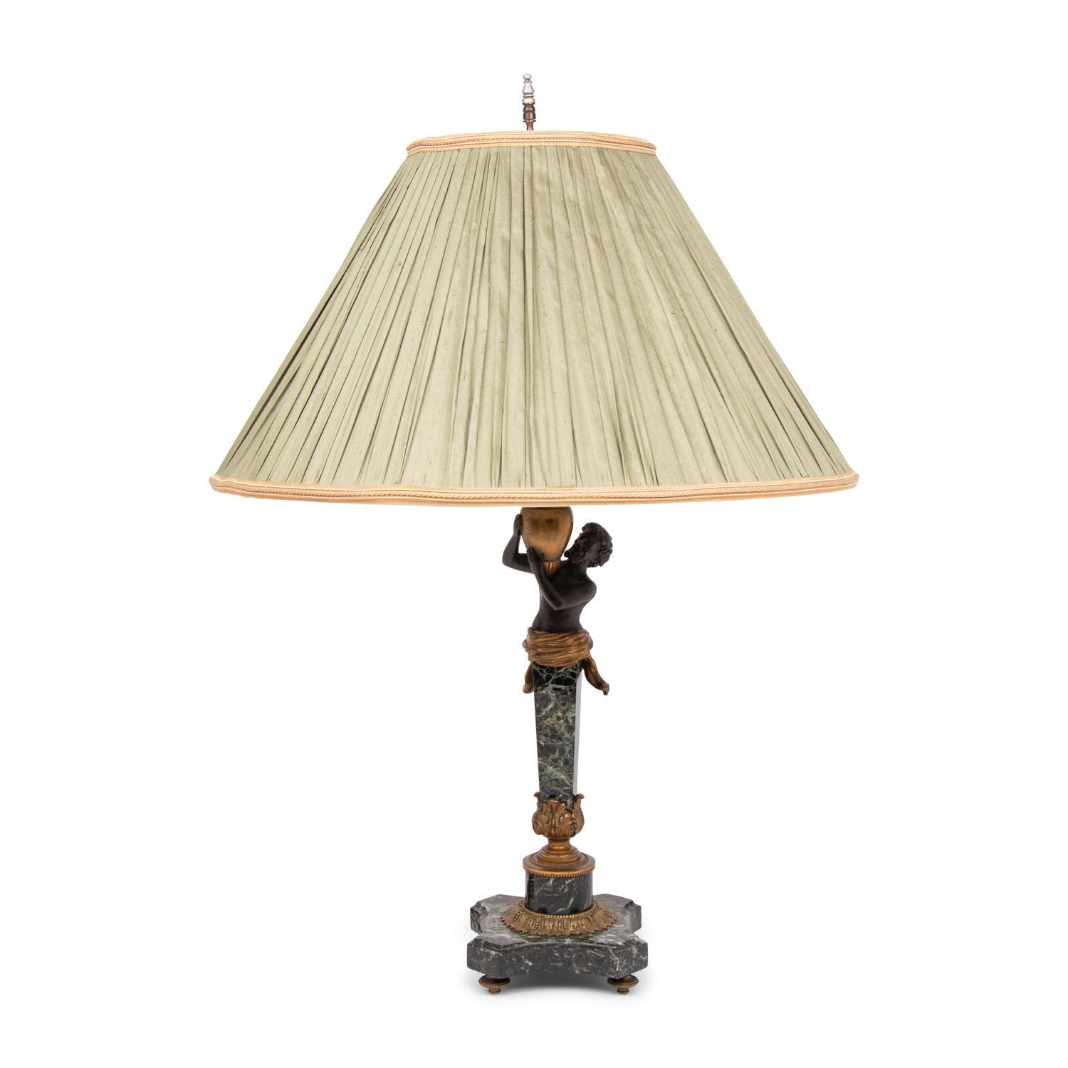 A Continental Gilt and Patinated Bronze and Marble Table Lamp