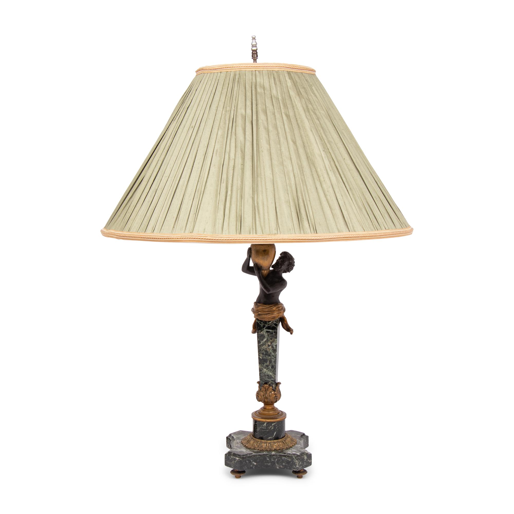 A Continental Gilt and Patinated Bronze and Marble Table Lamp