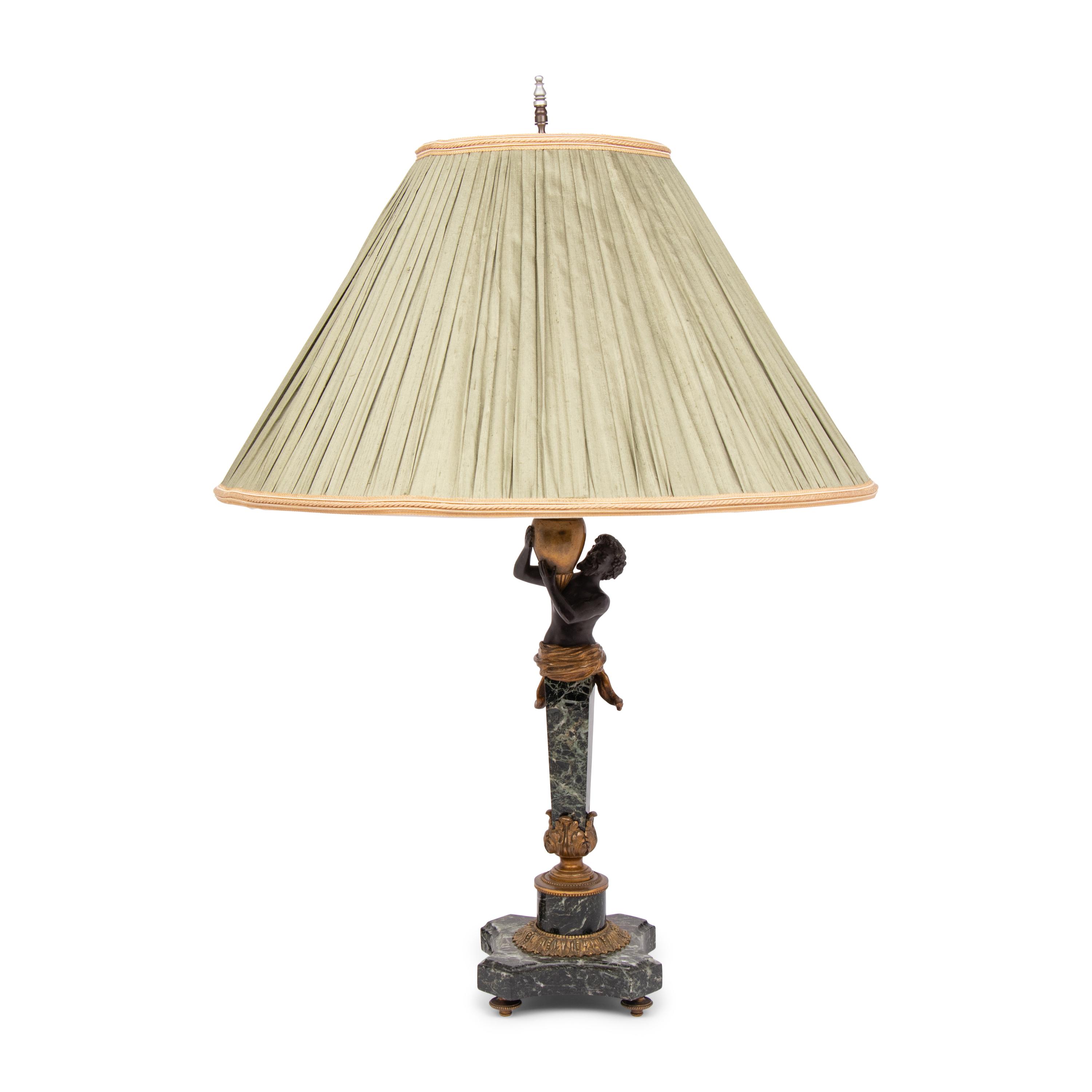 A Continental Gilt and Patinated Bronze and Marble Table Lamp