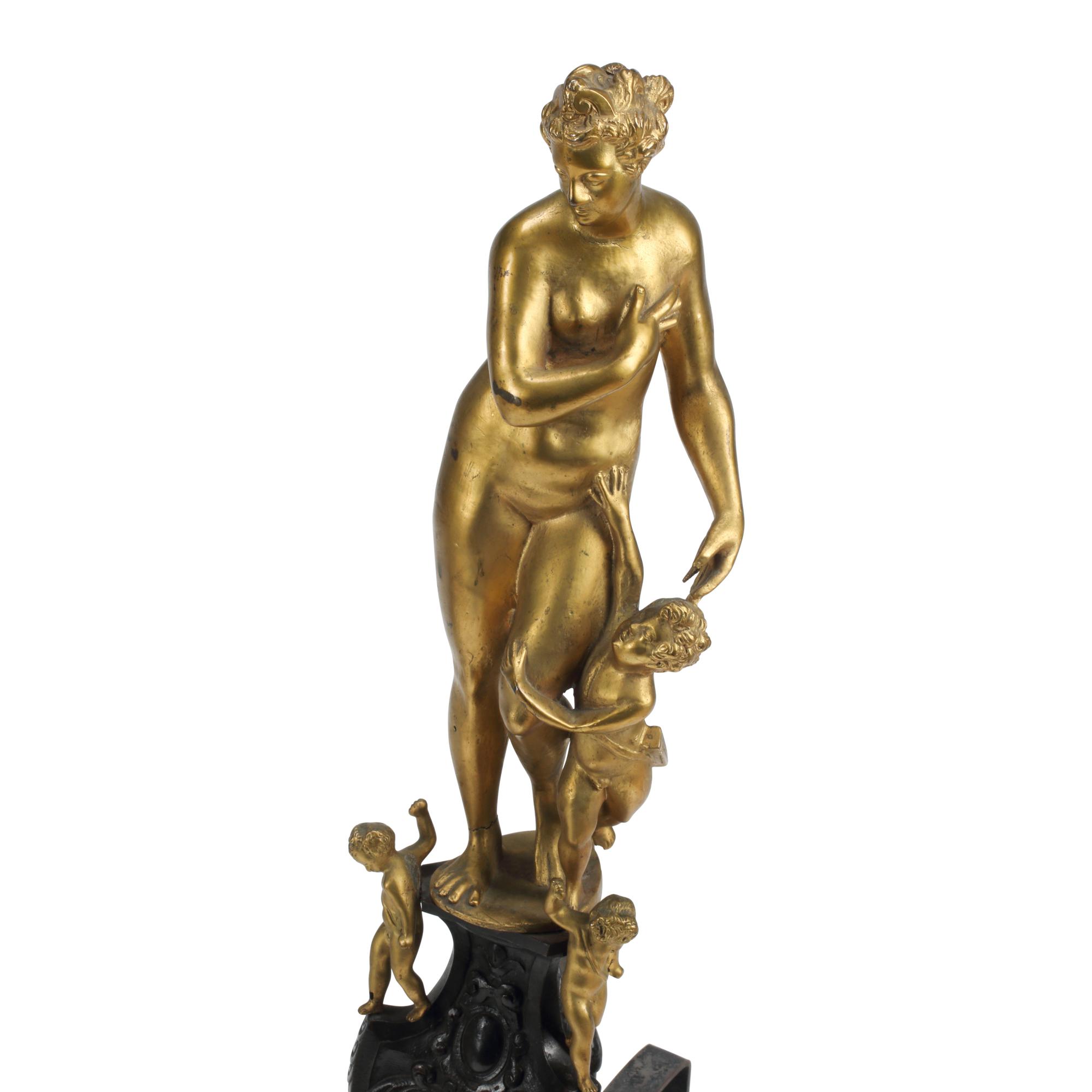 A Pair of French Gilt and Patinated Bronze Figural Chenets
