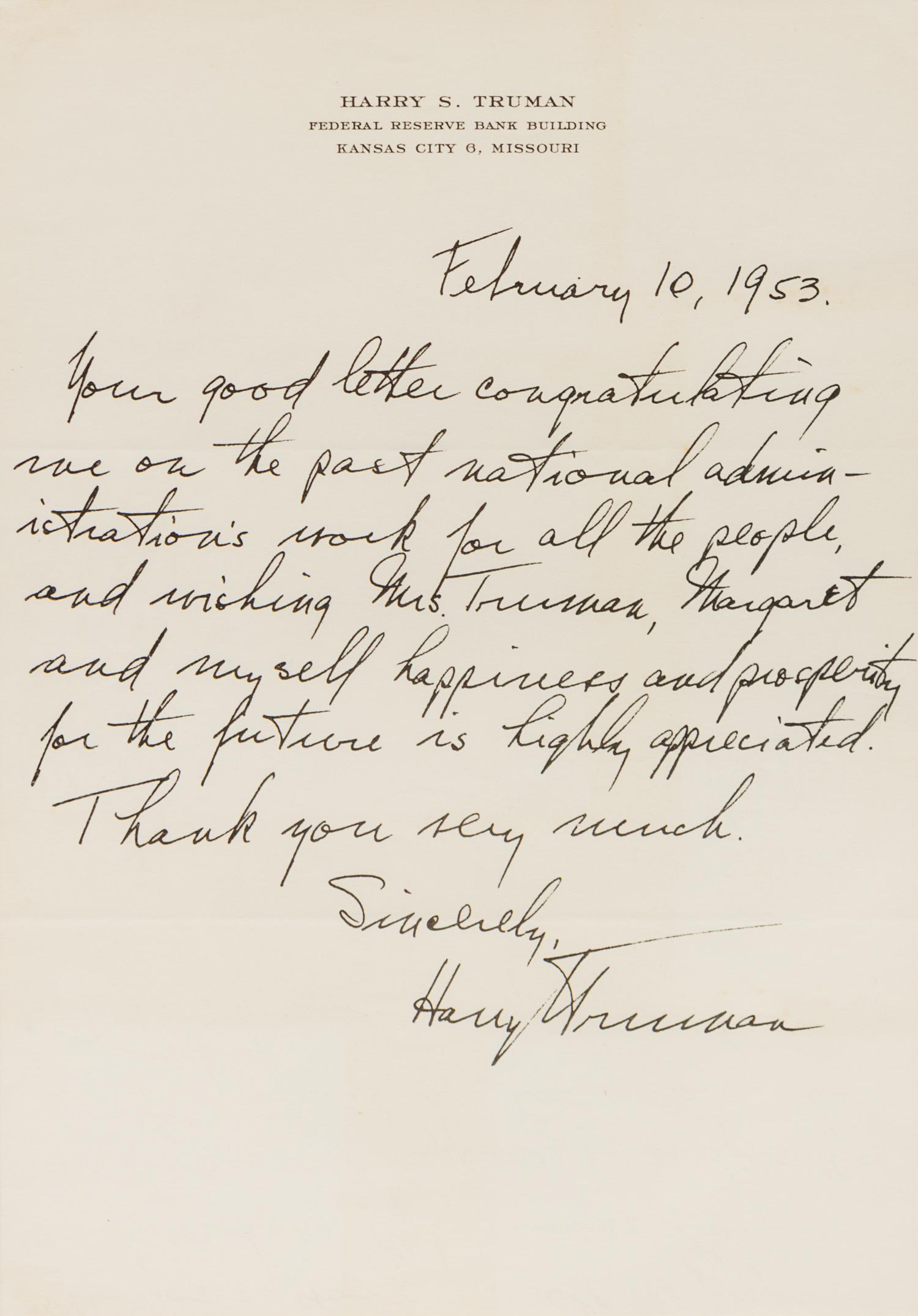 TRUMAN, Harry S. (1884-1972). Facsimile letter signed ("Harry Truman"), to Lucius Shepard, Kansas City, Missouri, 10 February 1953.