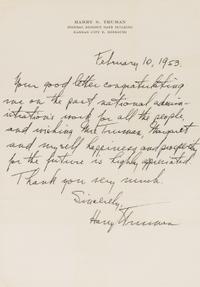 TRUMAN, Harry S. (1884-1972). Facsimile letter signed ("Harry Truman"), to Lucius Shepard, Kansas City, Missouri, 10 February 1953.