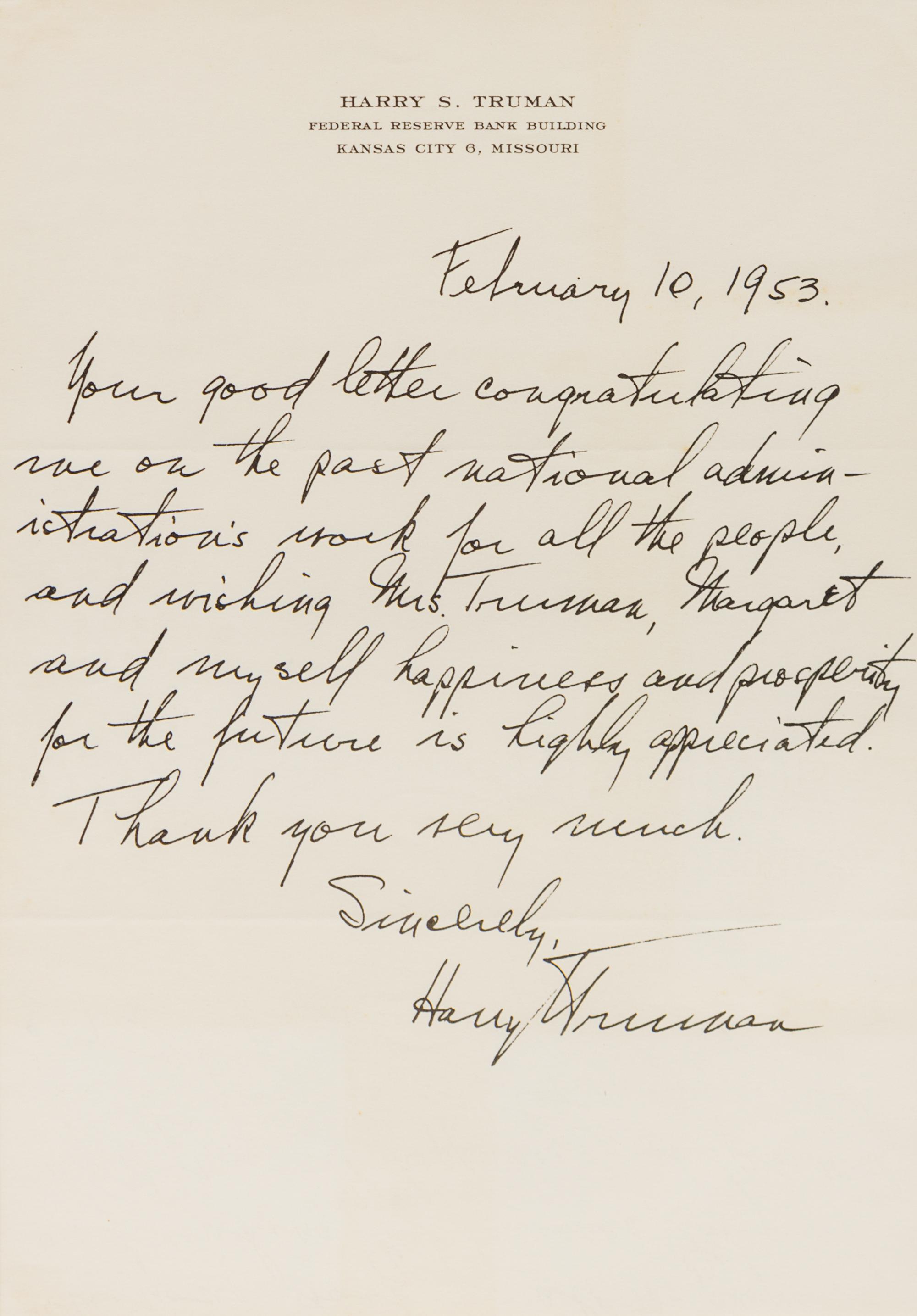 TRUMAN, Harry S. (1884-1972). Facsimile letter signed ("Harry Truman"), to Lucius Shepard, Kansas City, Missouri, 10 February 1953.