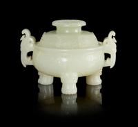 A Carved Jade Tripod Censer and Cover — 19TH CENTURY