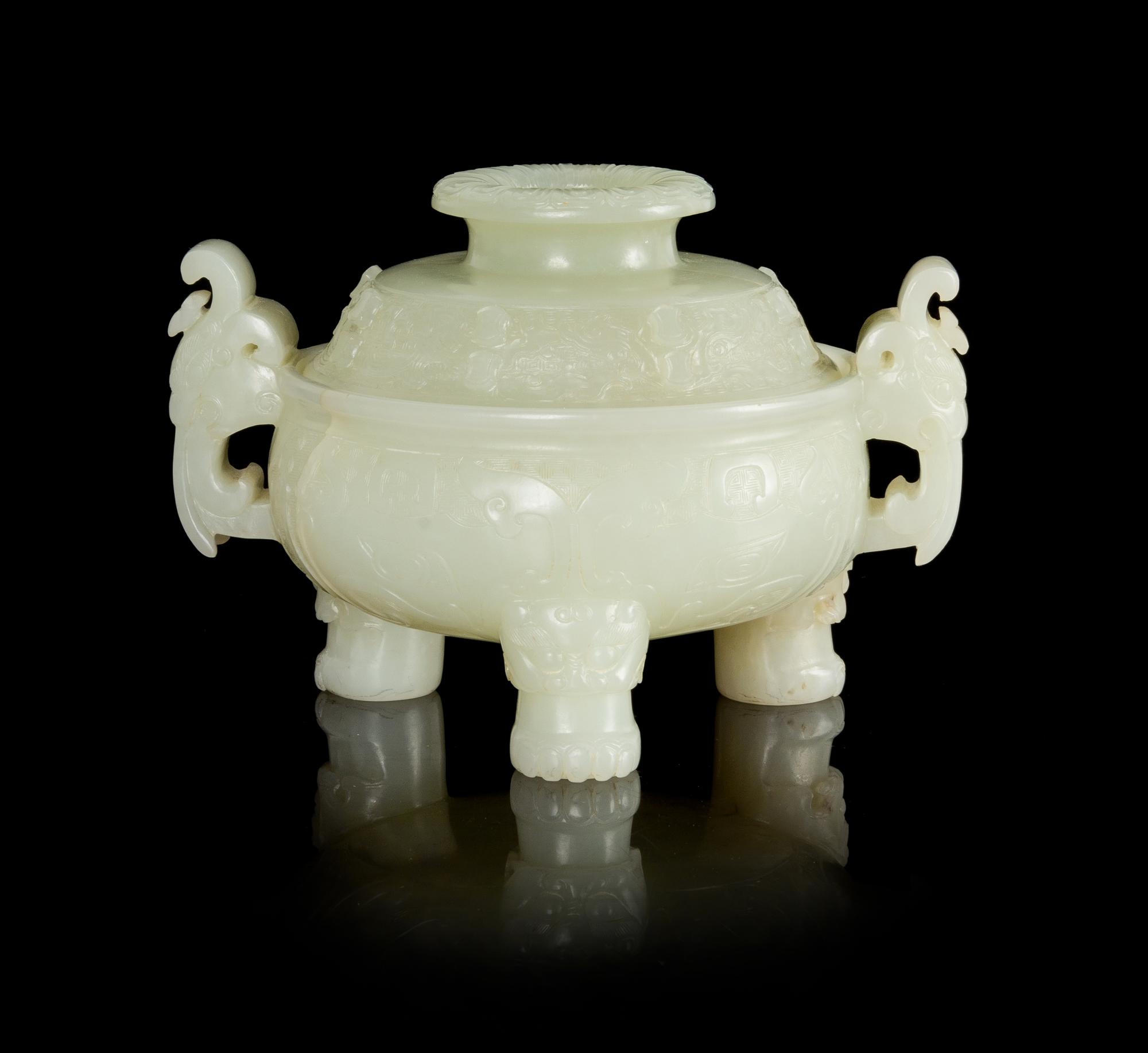 A Carved Jade Tripod Censer and Cover — 19TH CENTURY