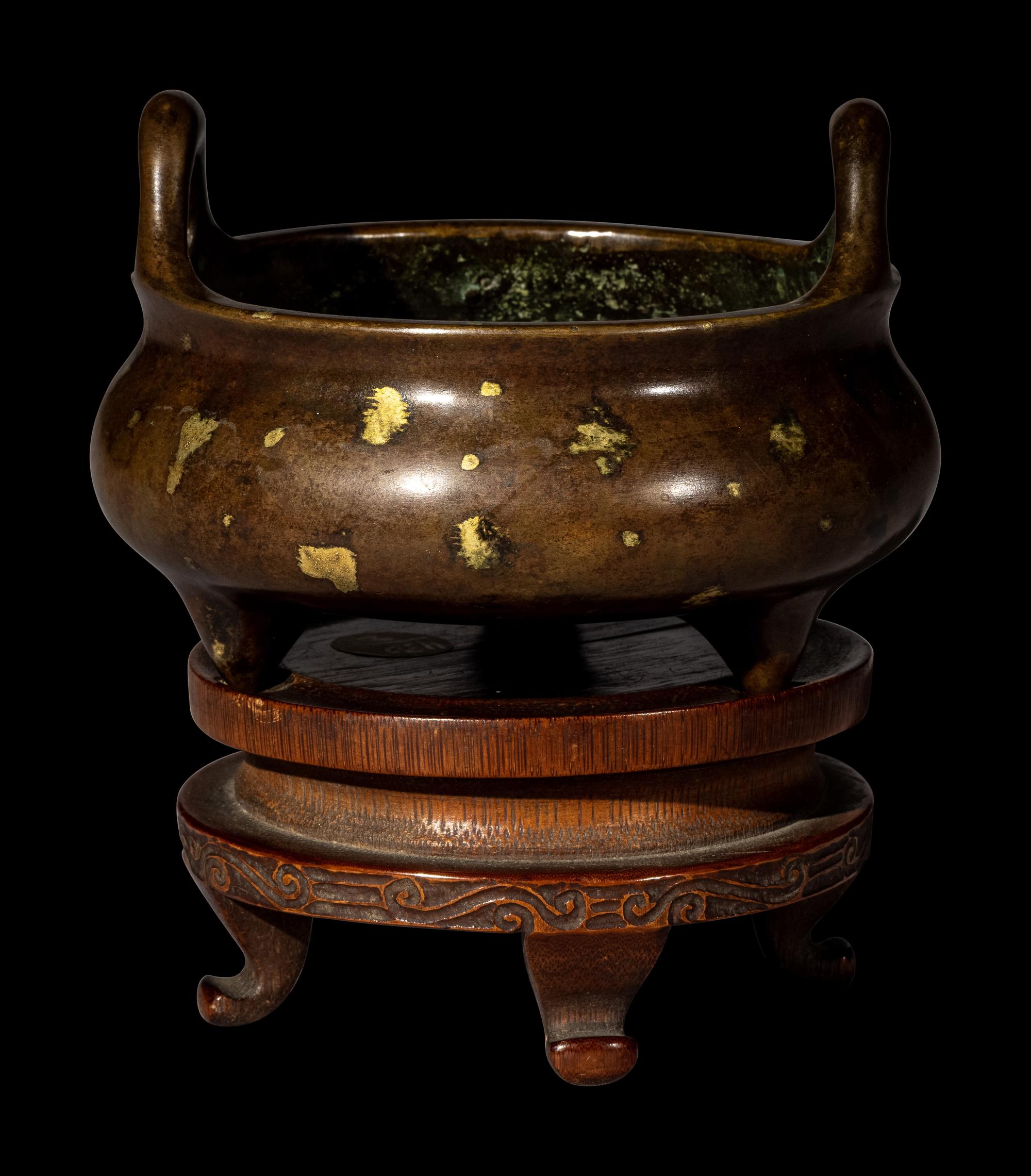 A Chinese Gold Splashed Bronze Incense Burner