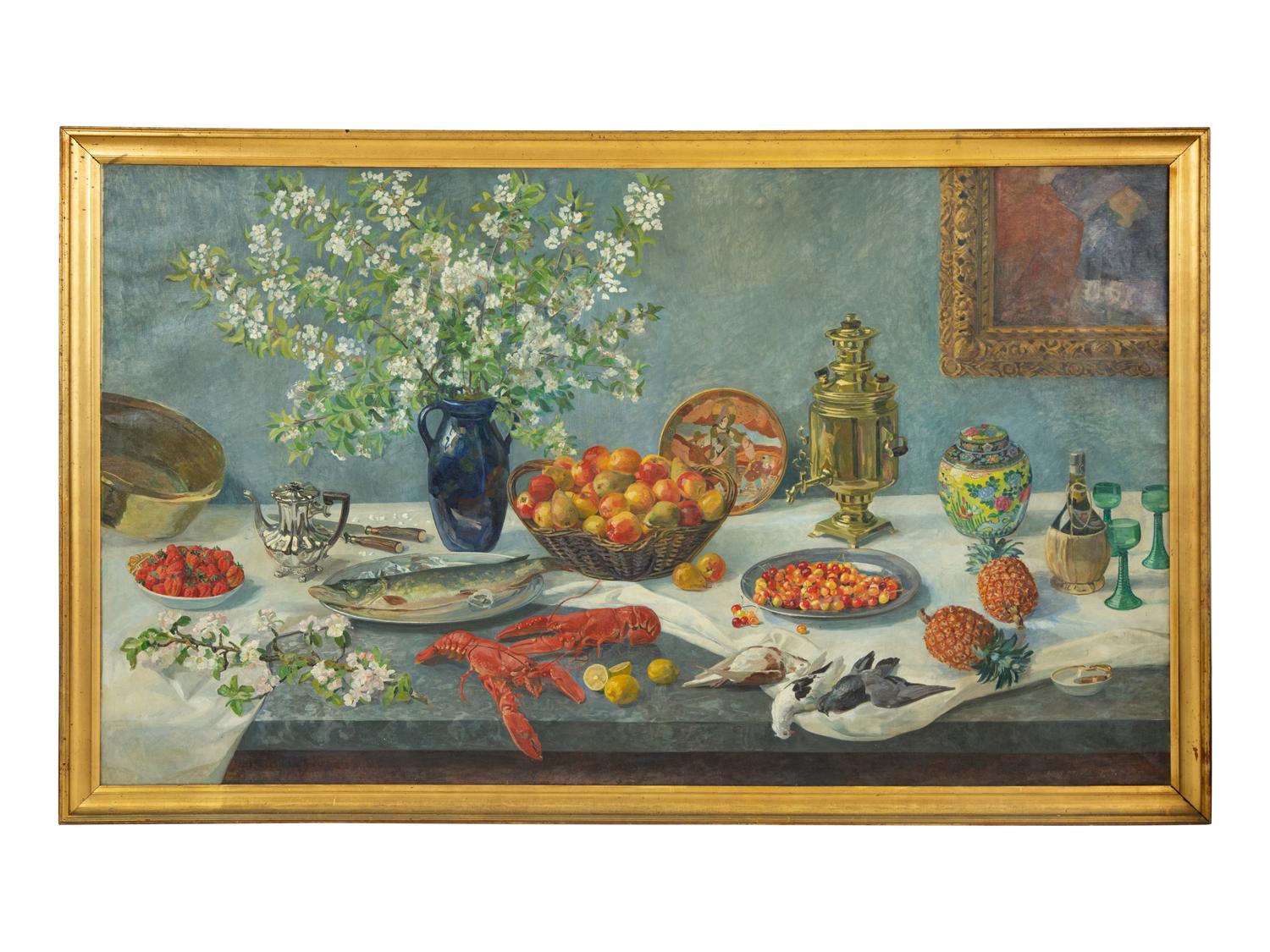 Still Life with Samovar, Blossoms in a Glass Vase, Strawberries in a Bowl, Game, Lobsters and Pineapples, 1927