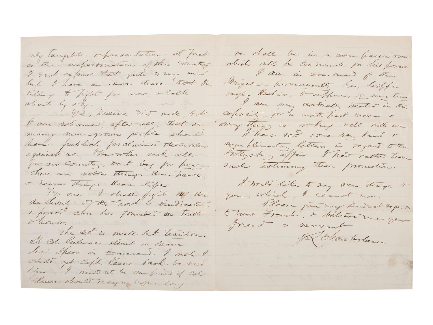 [CIVIL WAR]. [CHAMBERLAIN, Joshua L. (1828-1914)]. Autograph letter signed ("J.L. Chamberlain"). "Beyond Culpepper..." 24 September 1863.