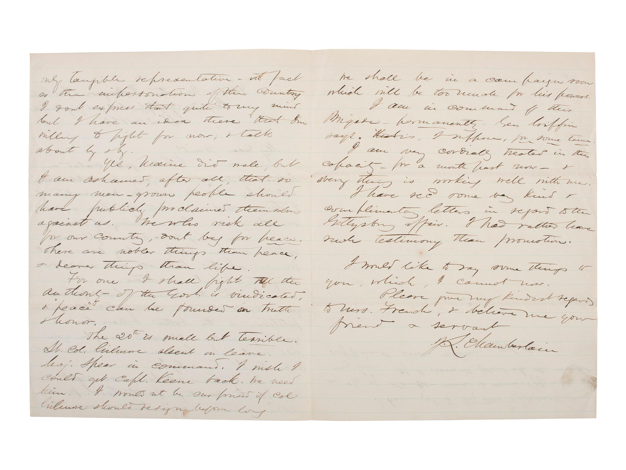[CIVIL WAR]. [CHAMBERLAIN, Joshua L. (1828-1914)]. Autograph letter signed ("J.L. Chamberlain"). "Beyond Culpepper..." 24 September 1863.