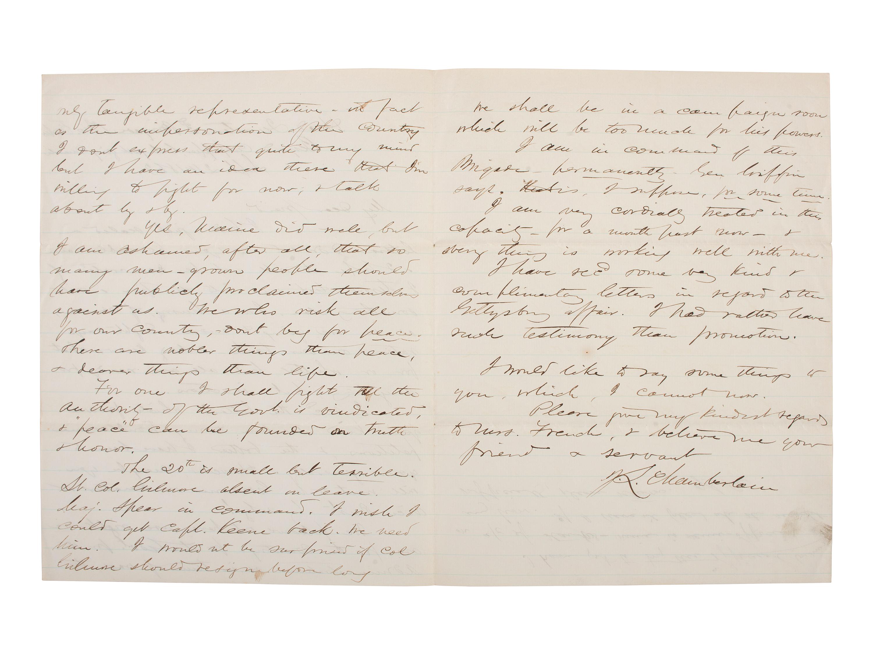 [CIVIL WAR]. [CHAMBERLAIN, Joshua L. (1828-1914)]. Autograph letter signed ("J.L. Chamberlain"). "Beyond Culpepper..." 24 September 1863.