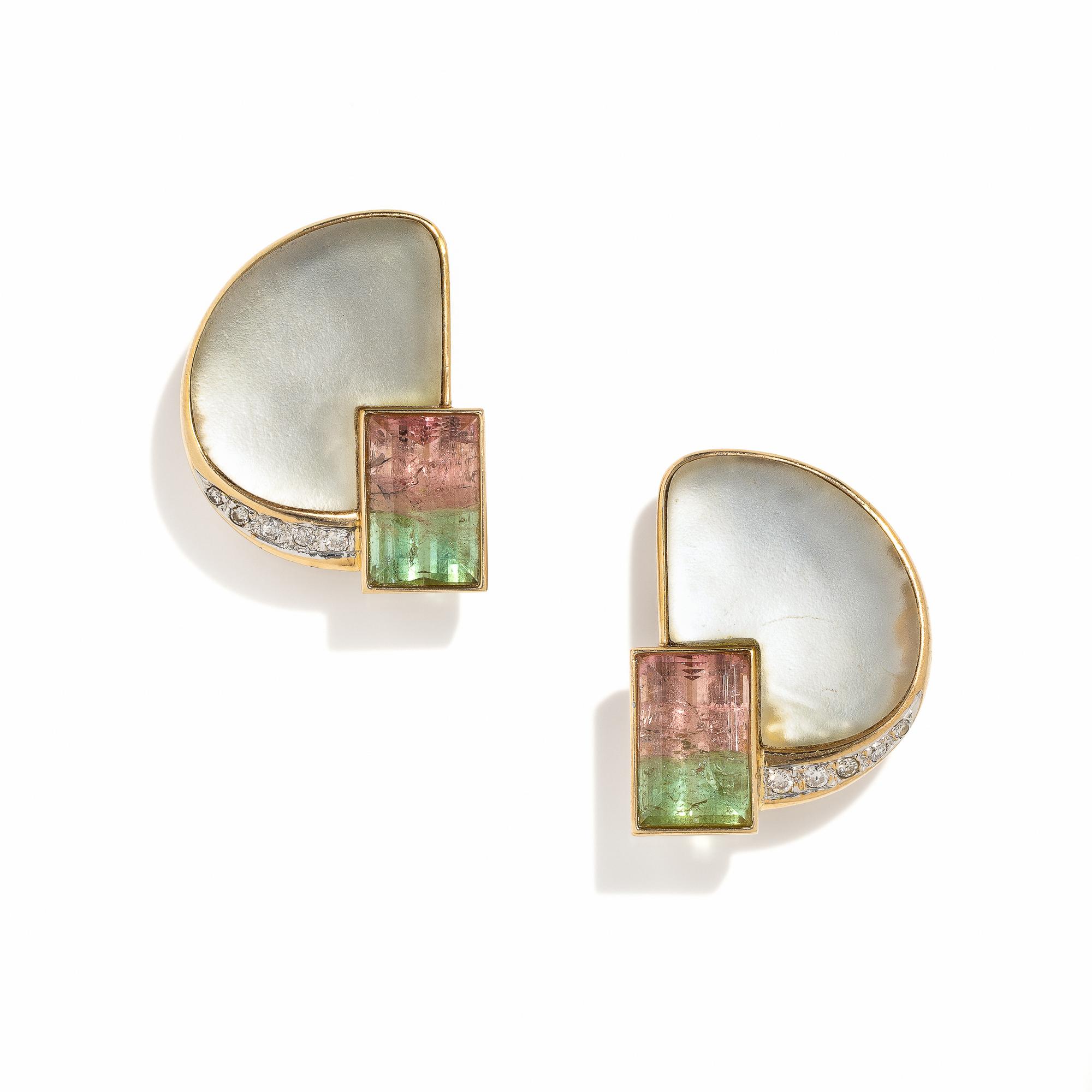 WATERMELON TOURMALINE, MOTHER-OF-PEARL, AND DIAMOND EARRINGS