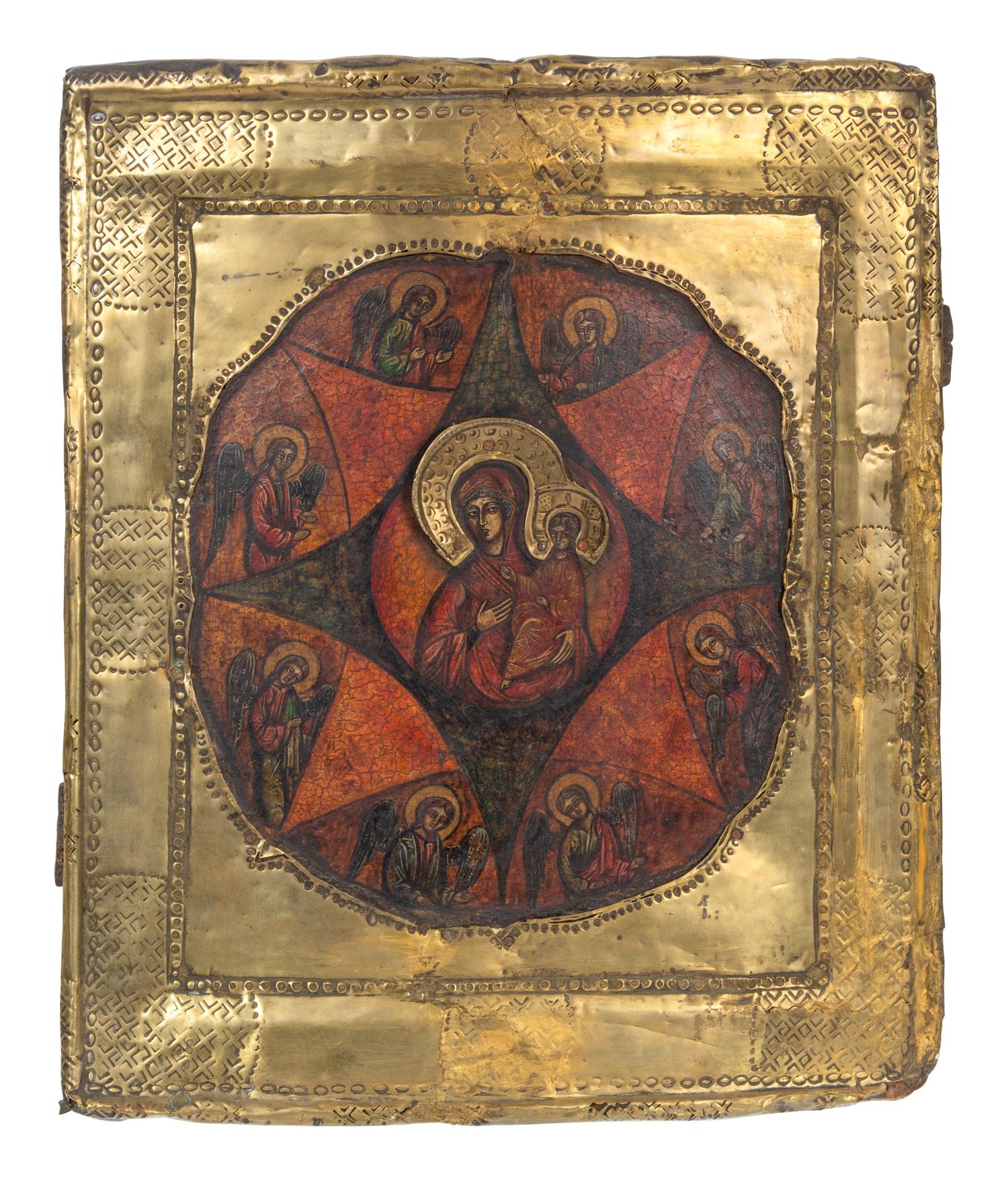 Two Russian Brass-Oklad Burning Bush Mandala Icons