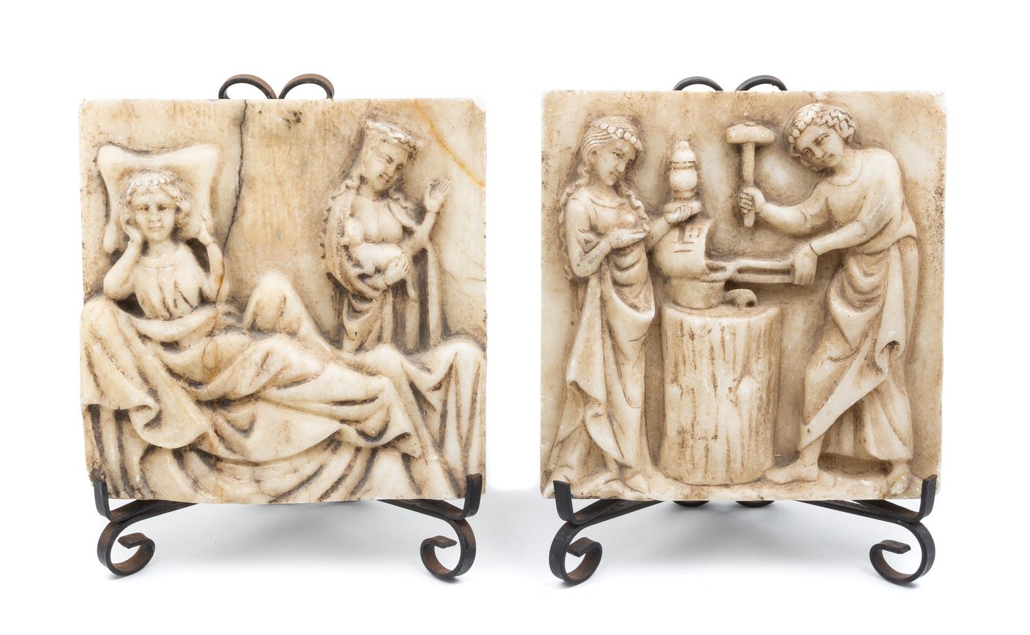 Two English Gothic Alabaster Relief Plaques Height 8 1/2 x width 8 1/2 inches.