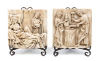 Two English Gothic Alabaster Relief Plaques Height 8 1/2 x width 8 1/2 inches.