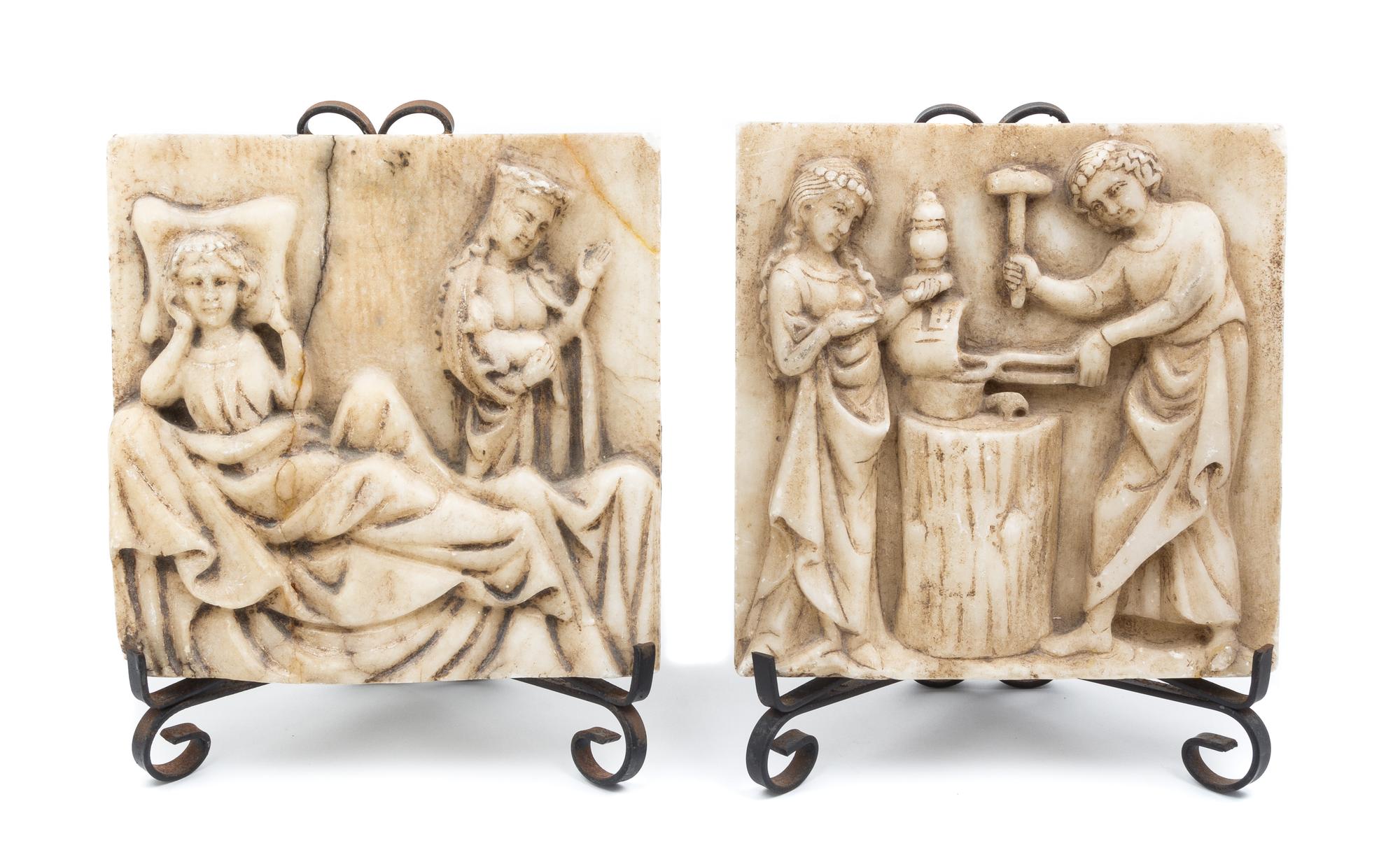 Two English Gothic Alabaster Relief Plaques Height 8 1/2 x width 8 1/2 inches.