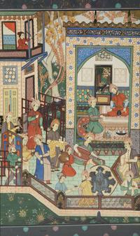 A Persian Painted Panel of Court Figures on a Veranda — 20th Century