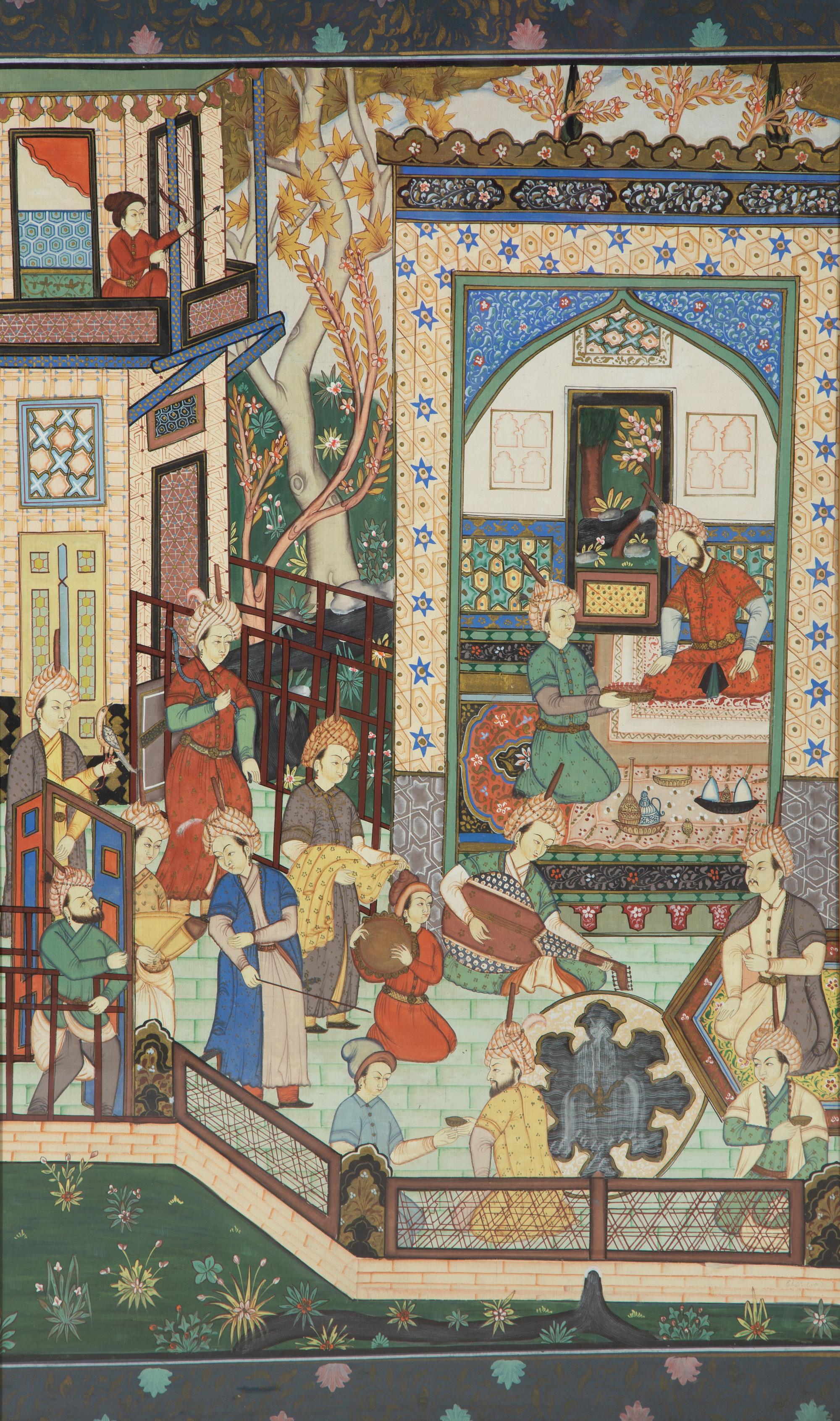 A Persian Painted Panel of Court Figures on a Veranda — 20th Century