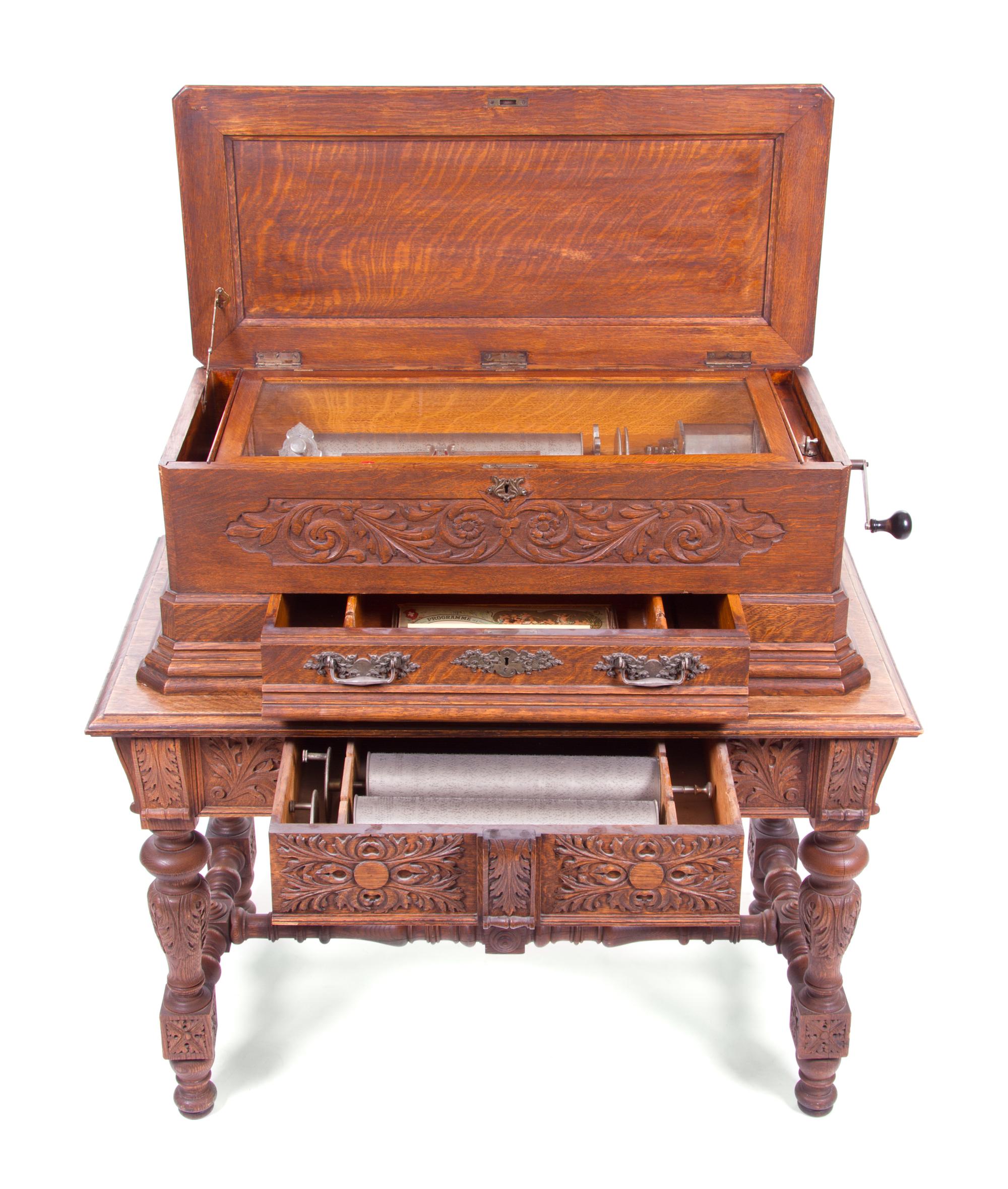 A Swiss Interchangeable Cylinder Music Box Height overall 40 1/2 x width 42 x depth 23 1/2 inches. — MERMOD FRERES