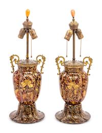A Pair of Gilt Decorated Glass Vases Mounted as Lamps