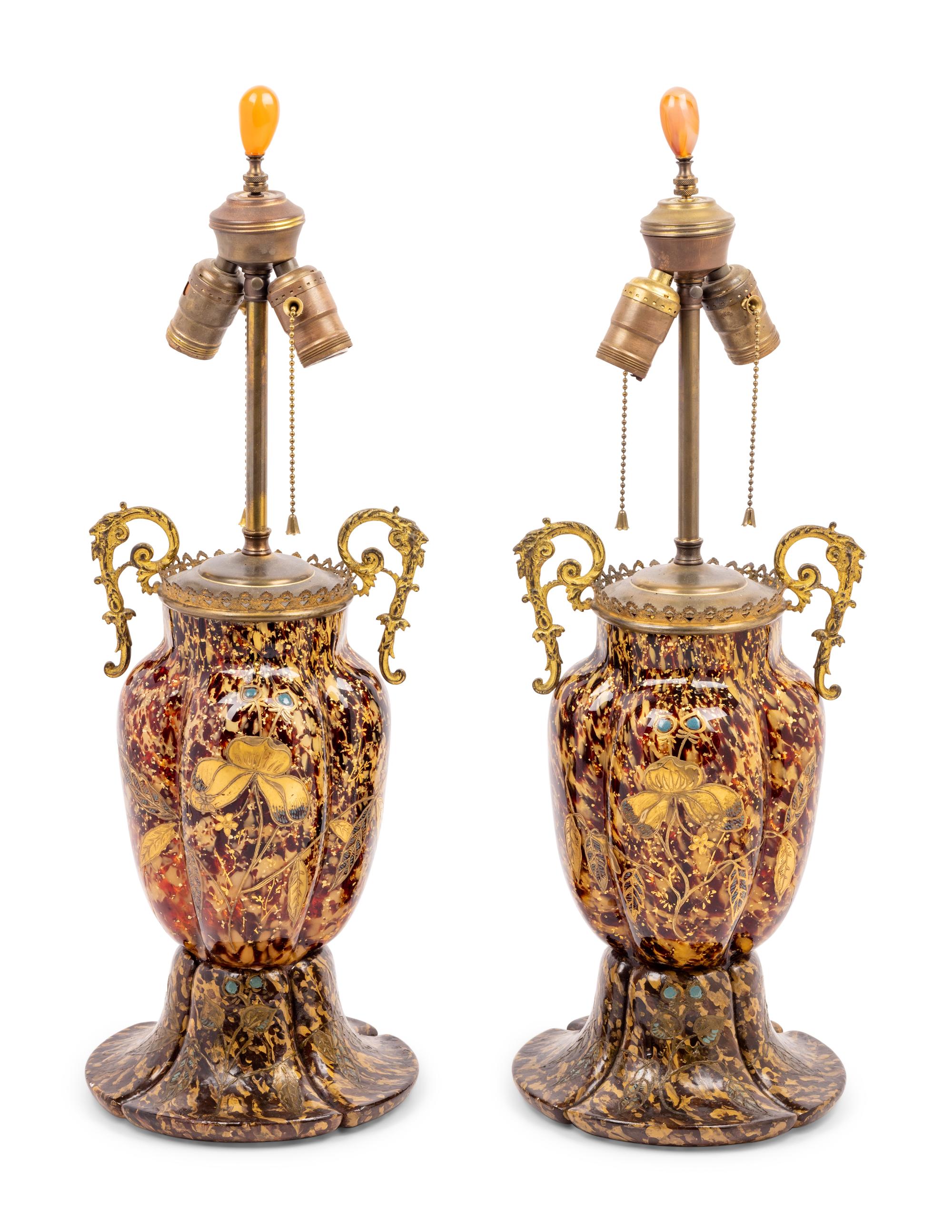 A Pair of Gilt Decorated Glass Vases Mounted as Lamps