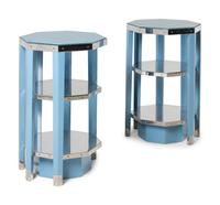 A Pair of Custom Enameled Metal and Glass Side Tables