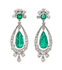 A Pair of Platinum, Emerald and Diamond Pendant Earrings, 6.00 dwts.