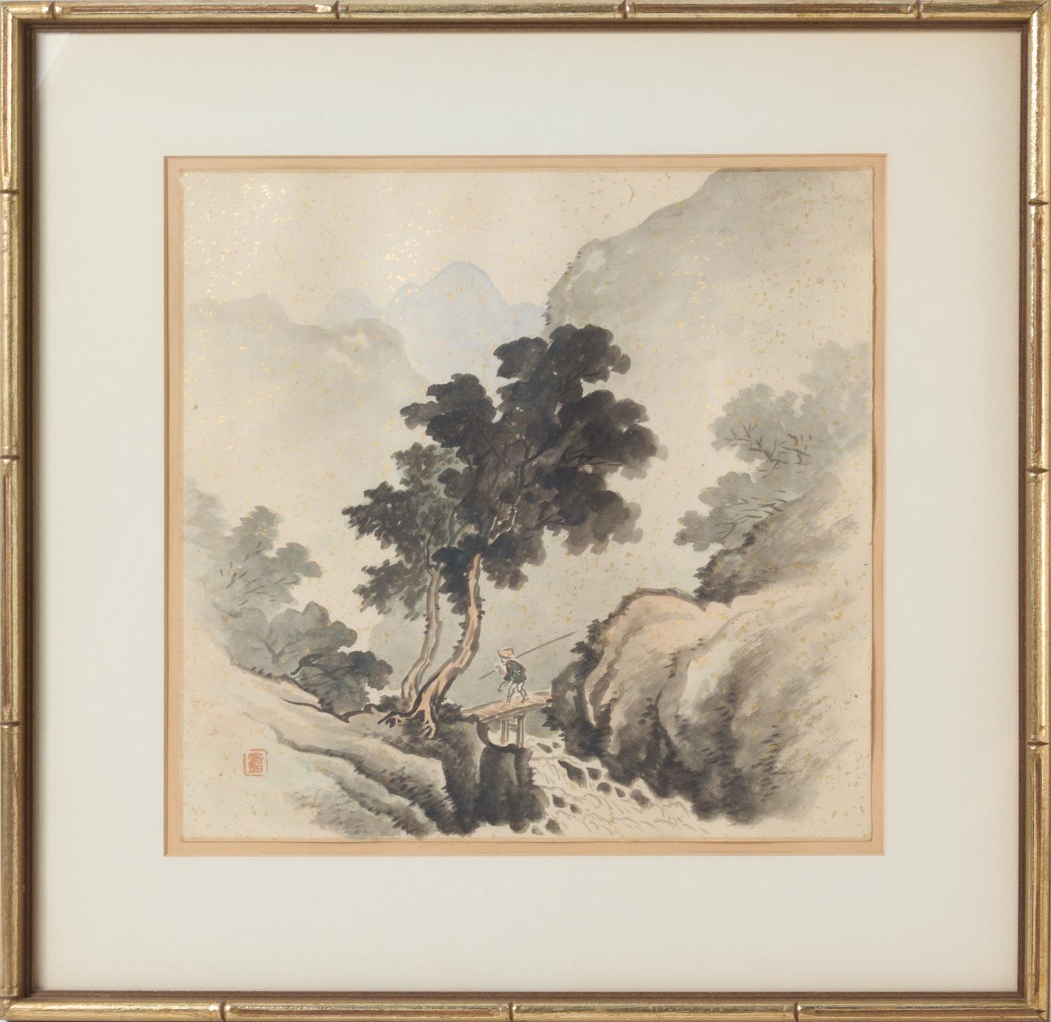 Three Japanese Ink and Color Paintings on Paper 13 x 12 1/2 inches (each).