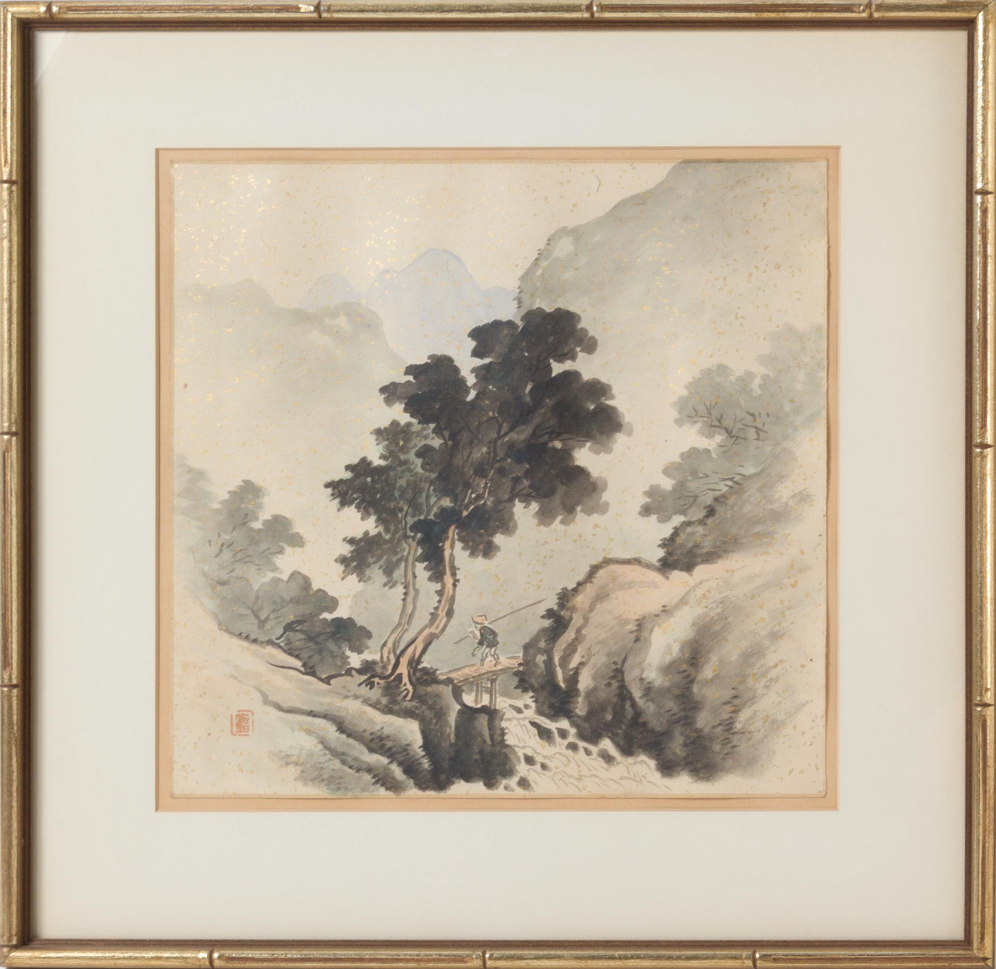 Three Japanese Ink and Color Paintings on Paper 13 x 12 1/2 inches (each).