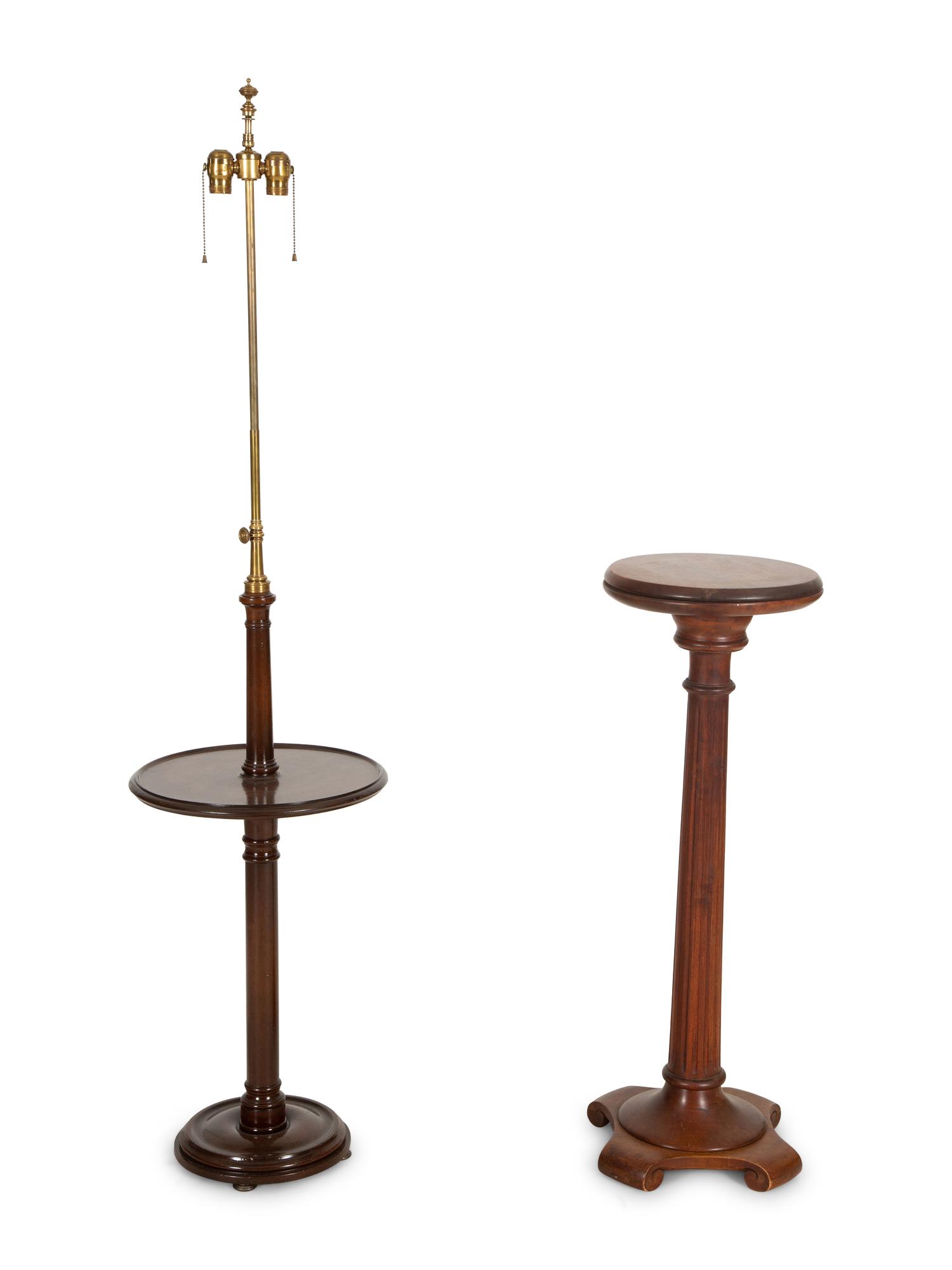 A Mahogany Two Light Floor Lamp with Table Shelf and a Jardinière Stand